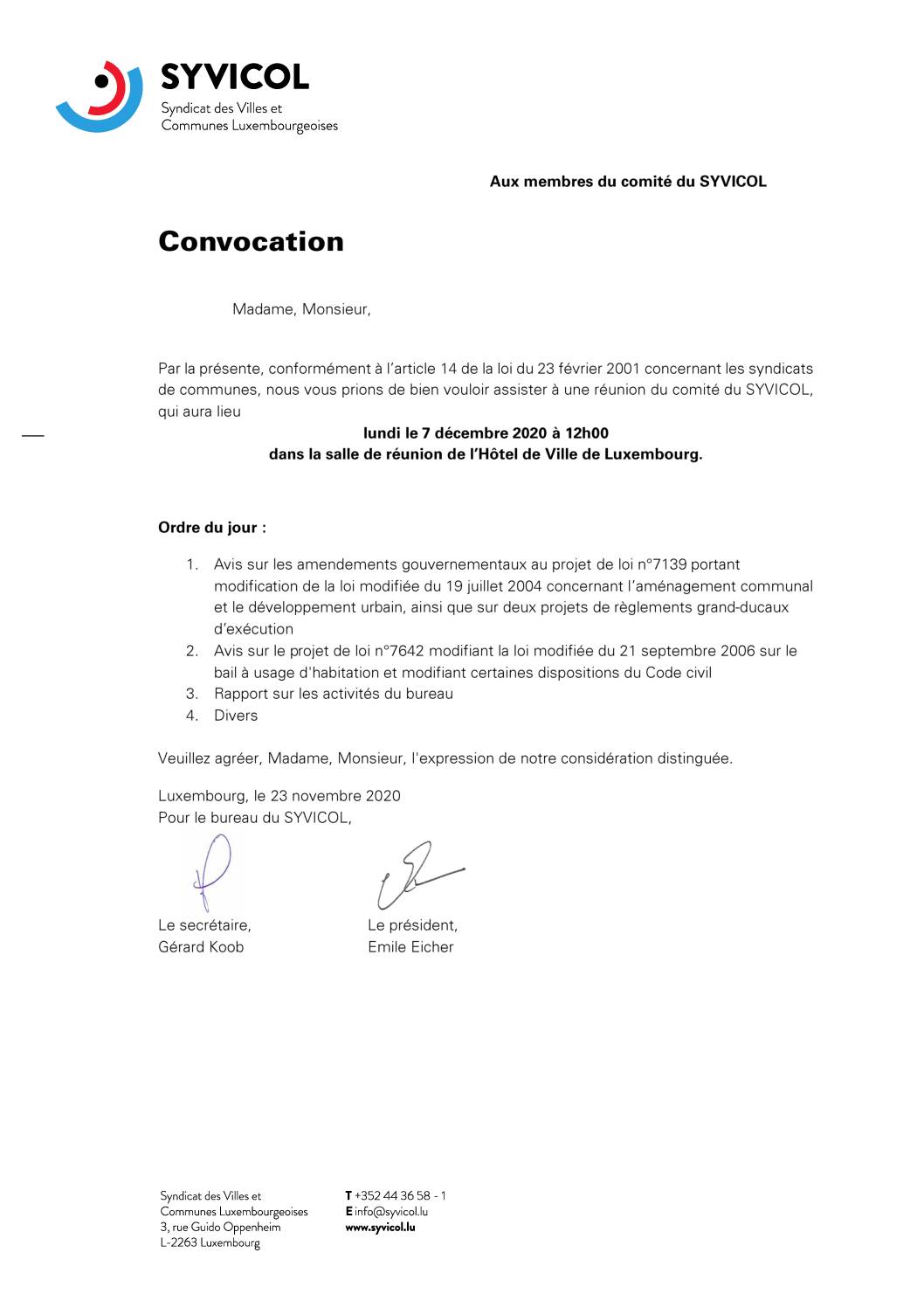 Convocation à la Réunion du Comité du SYVICOL du 7 décembre 2020