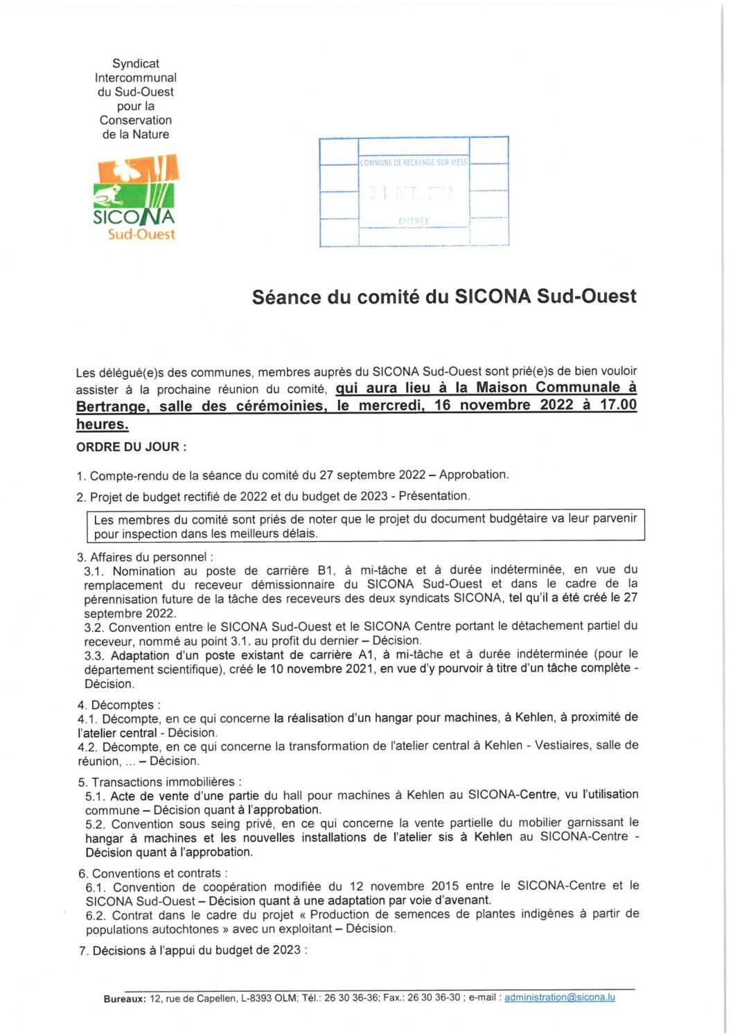 Convocation – Réunion du Comité du SICONA– 16/11/2022