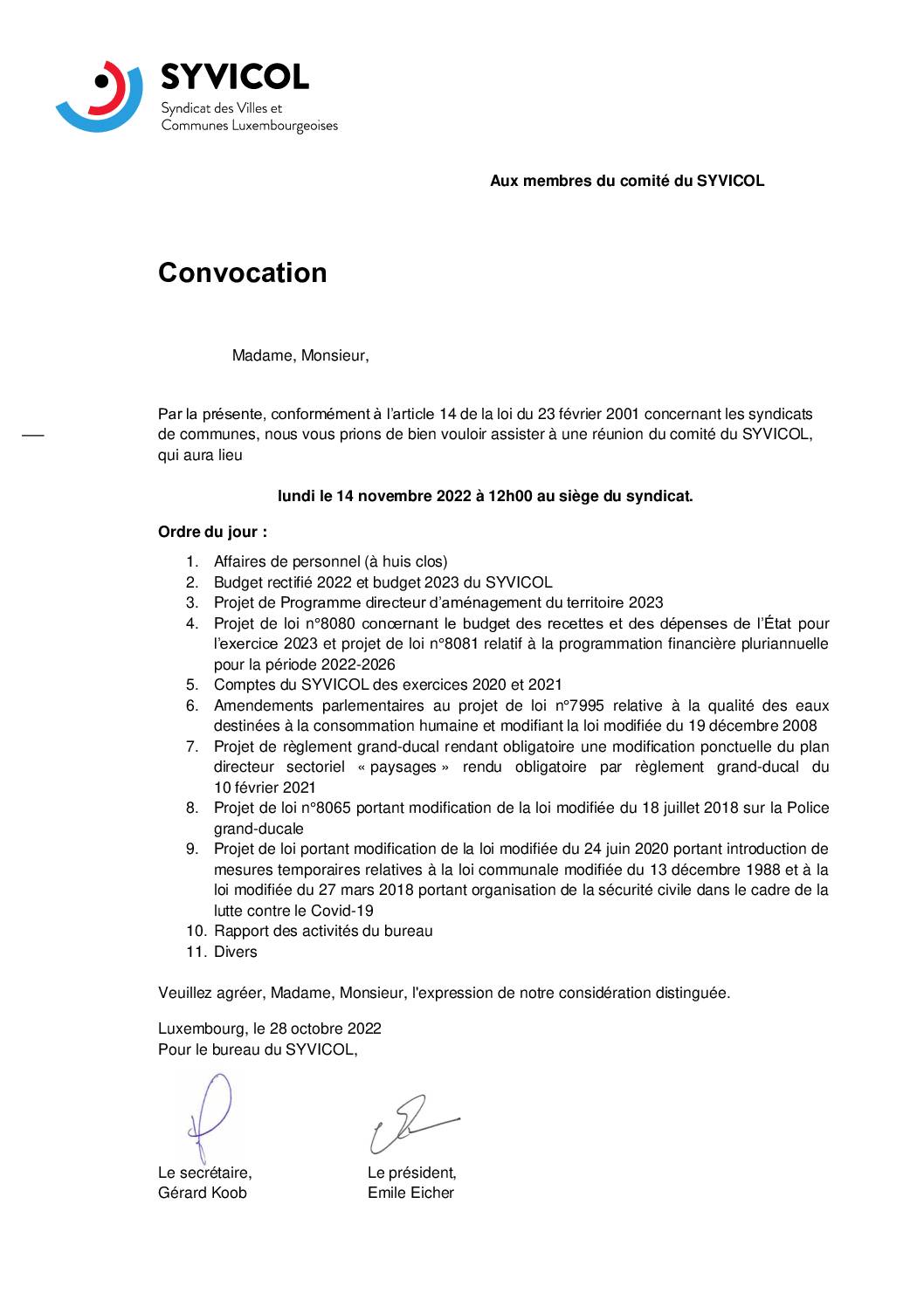 Convocation – Réunion du Comité du Syvicol – 14/11/2022