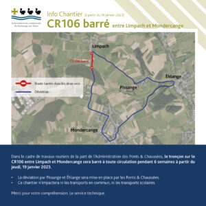 Info Chantier - Route barrée entre Limpach et Mondercange