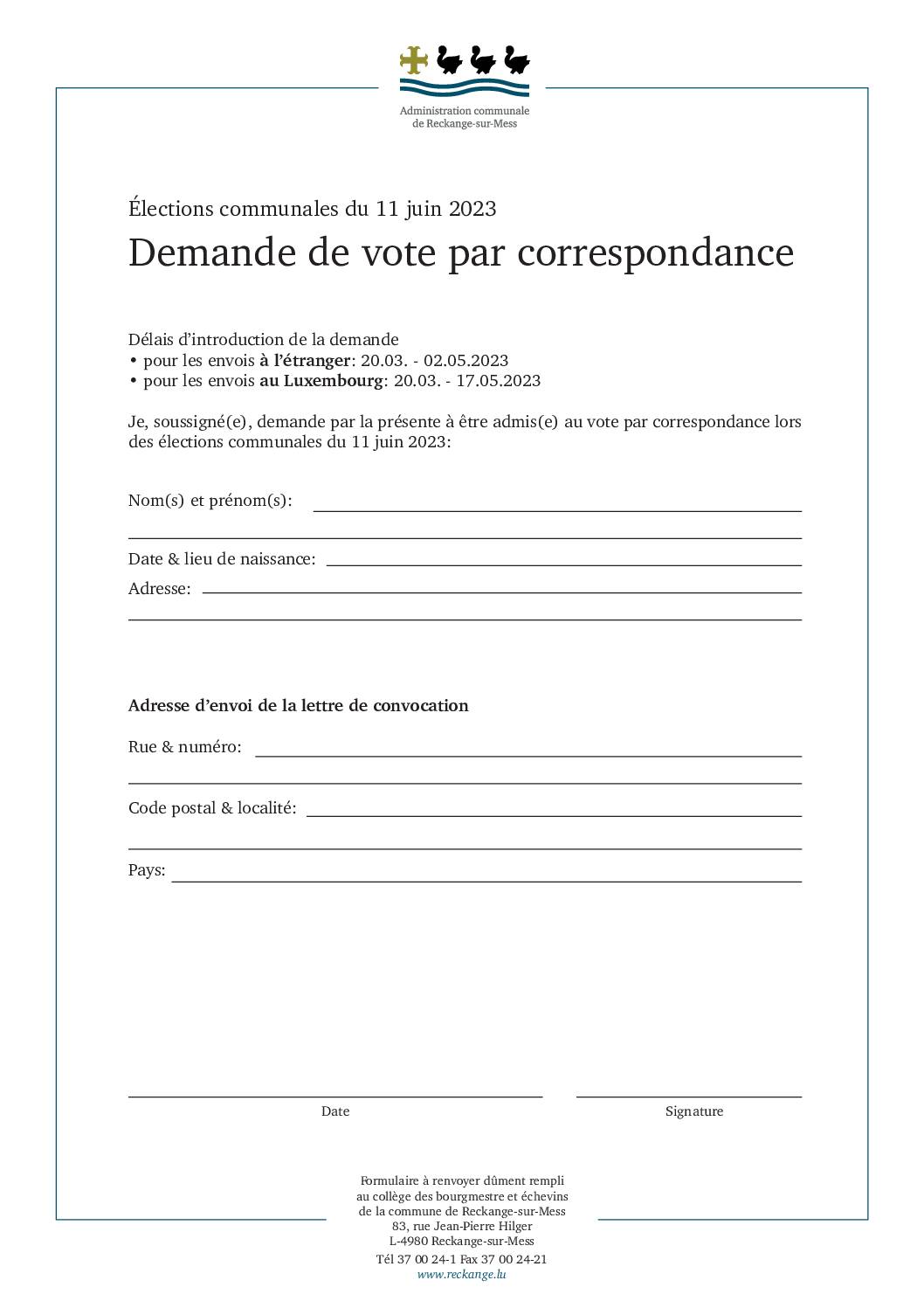 Formulaire - Demande de vote par correspondance