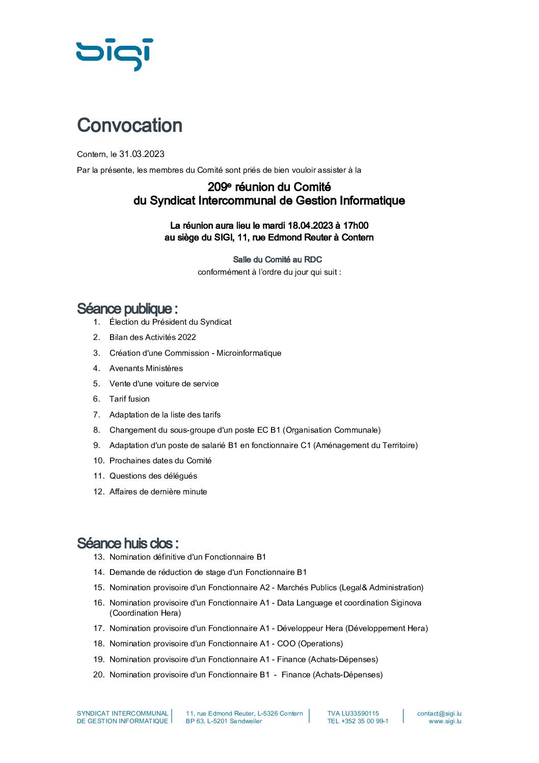 Convocation - Réunion du Comité du SIGI - 18.04.2023