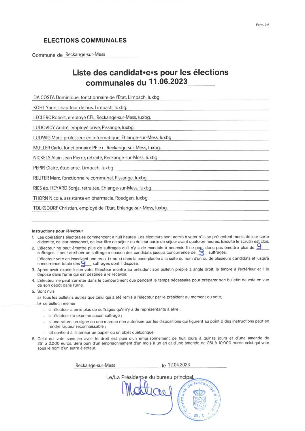 Liste des candidat.e.s. pour les élections communales du 11.06.2023