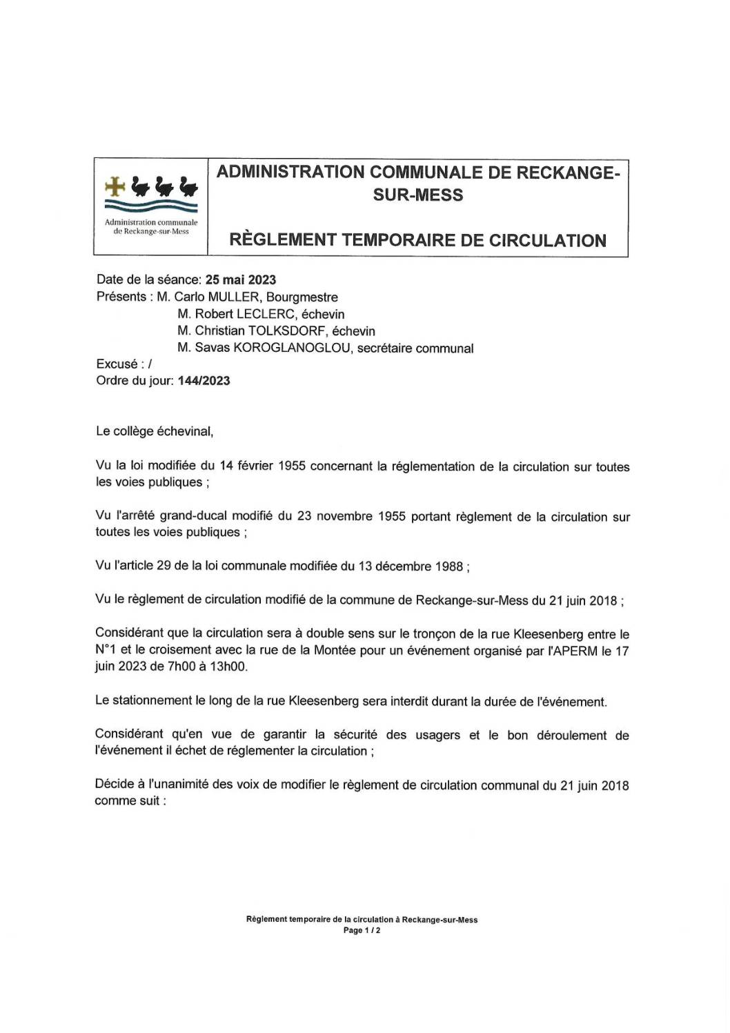 Règlement temporaire de la circulation – Coupe scolaire à Reckange-sur-Mess