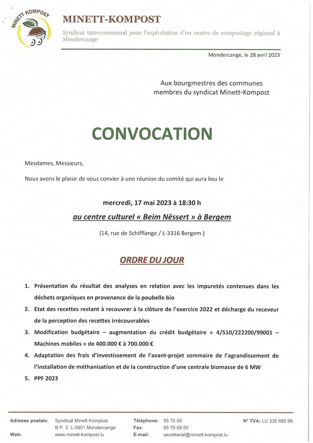 Convocation – Réunion du comité du Minett-Kompost – 17.05.2023