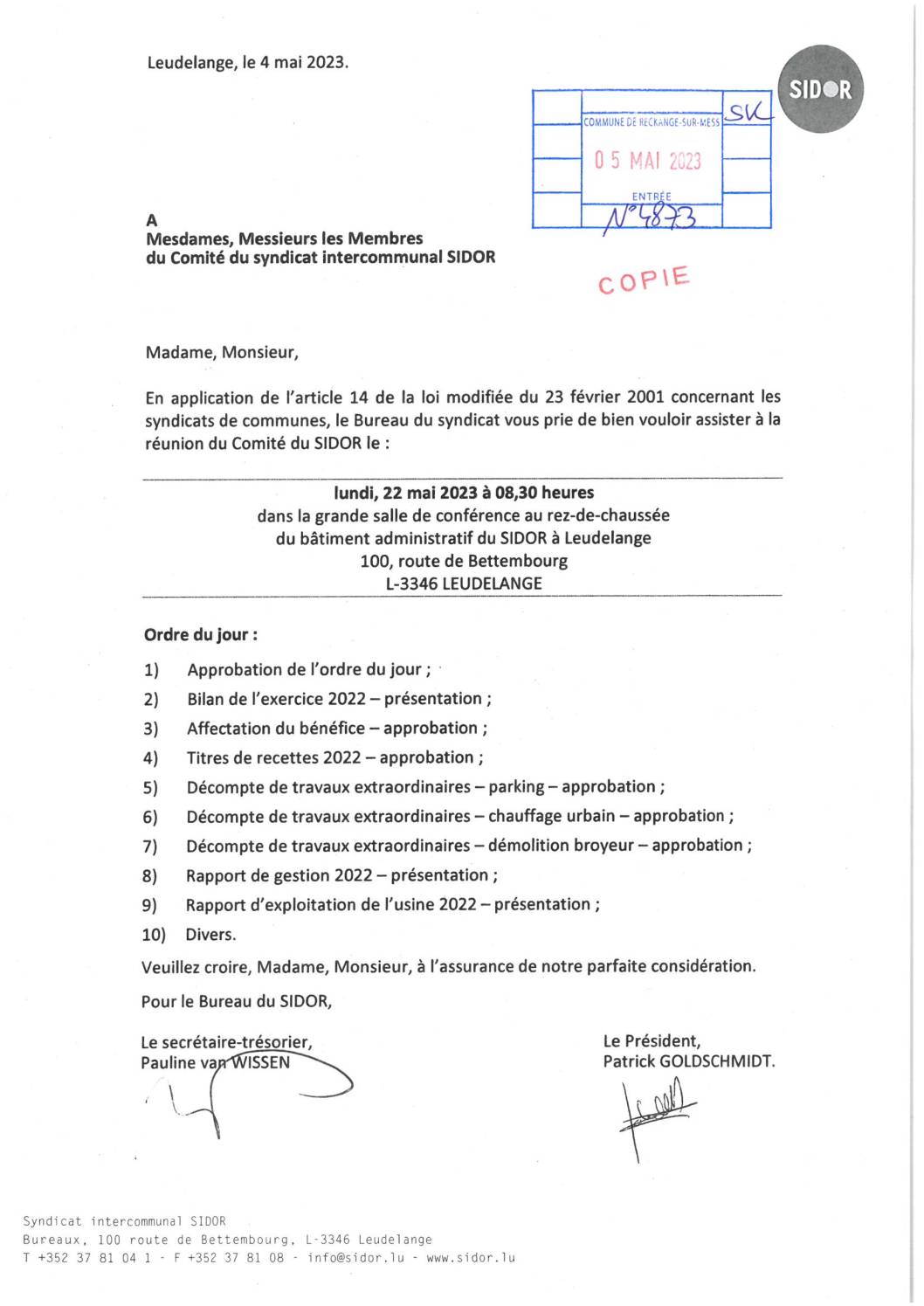 Convocation - Réunion du Comité du SIDOR - 22 mai 2023