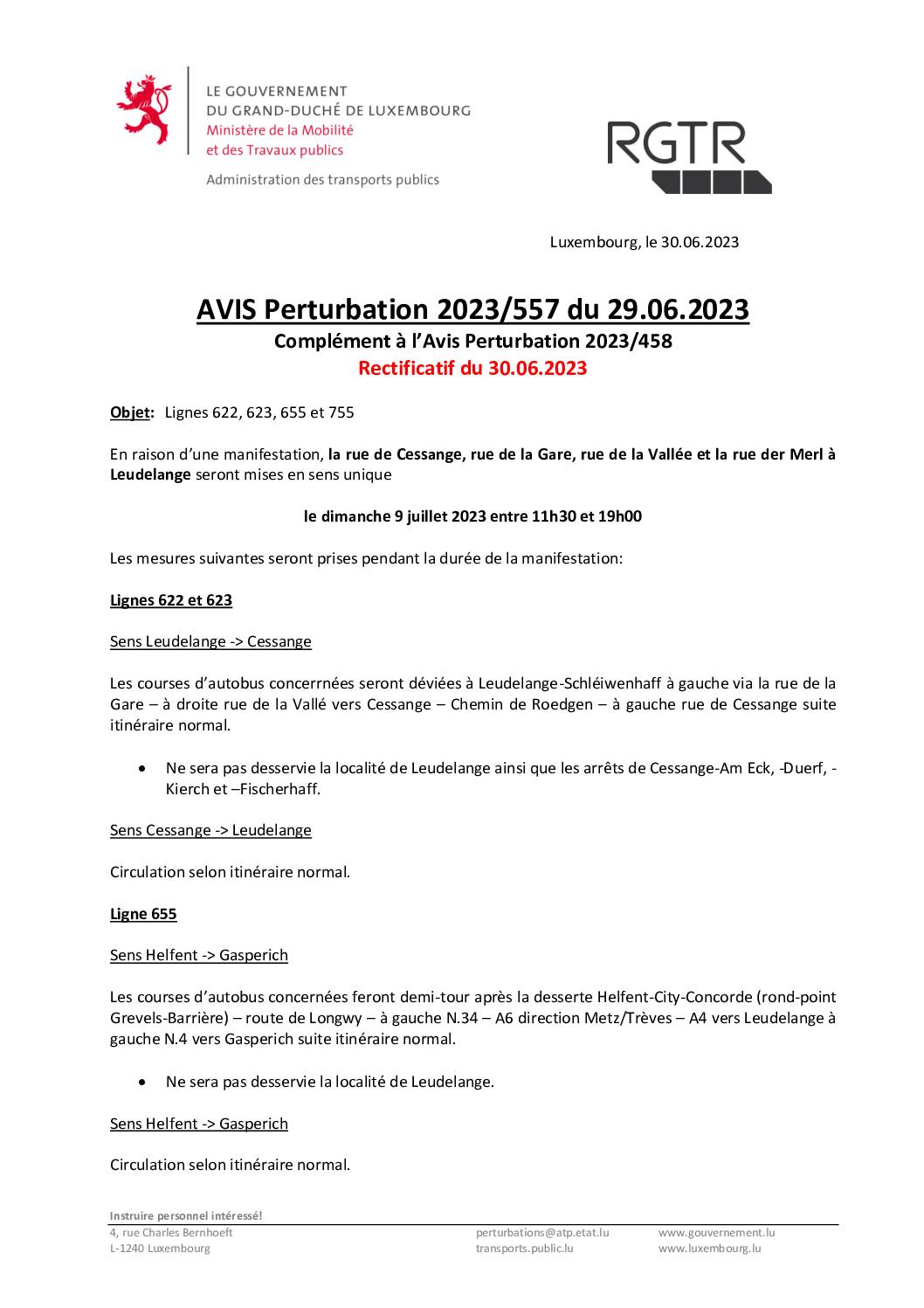 RGTR – AVIS Perturbation – Lignes 622, 623, 655 et 755