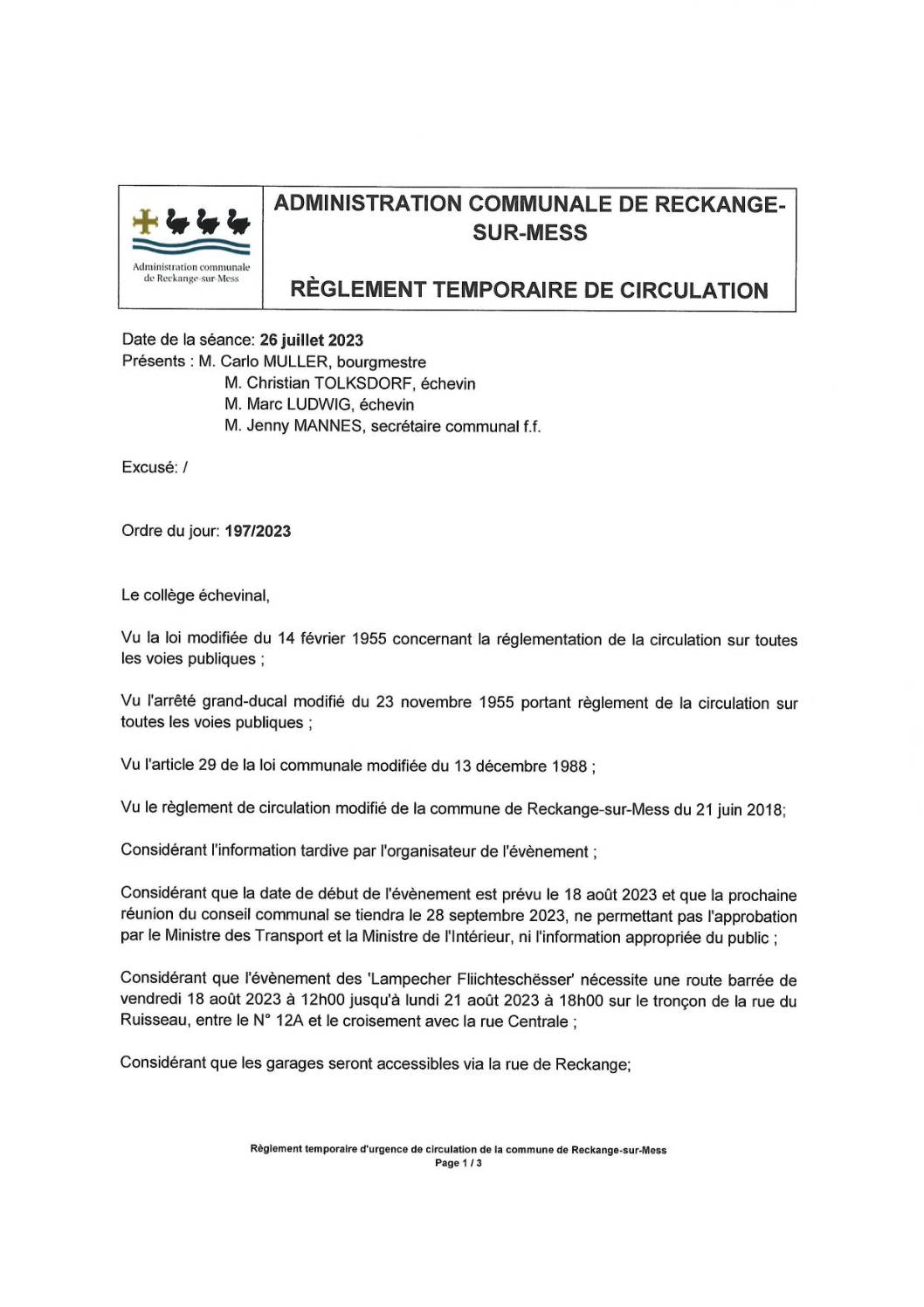 Règlement temporaire de la circulation pour la ‘Lampecher Kiermes’