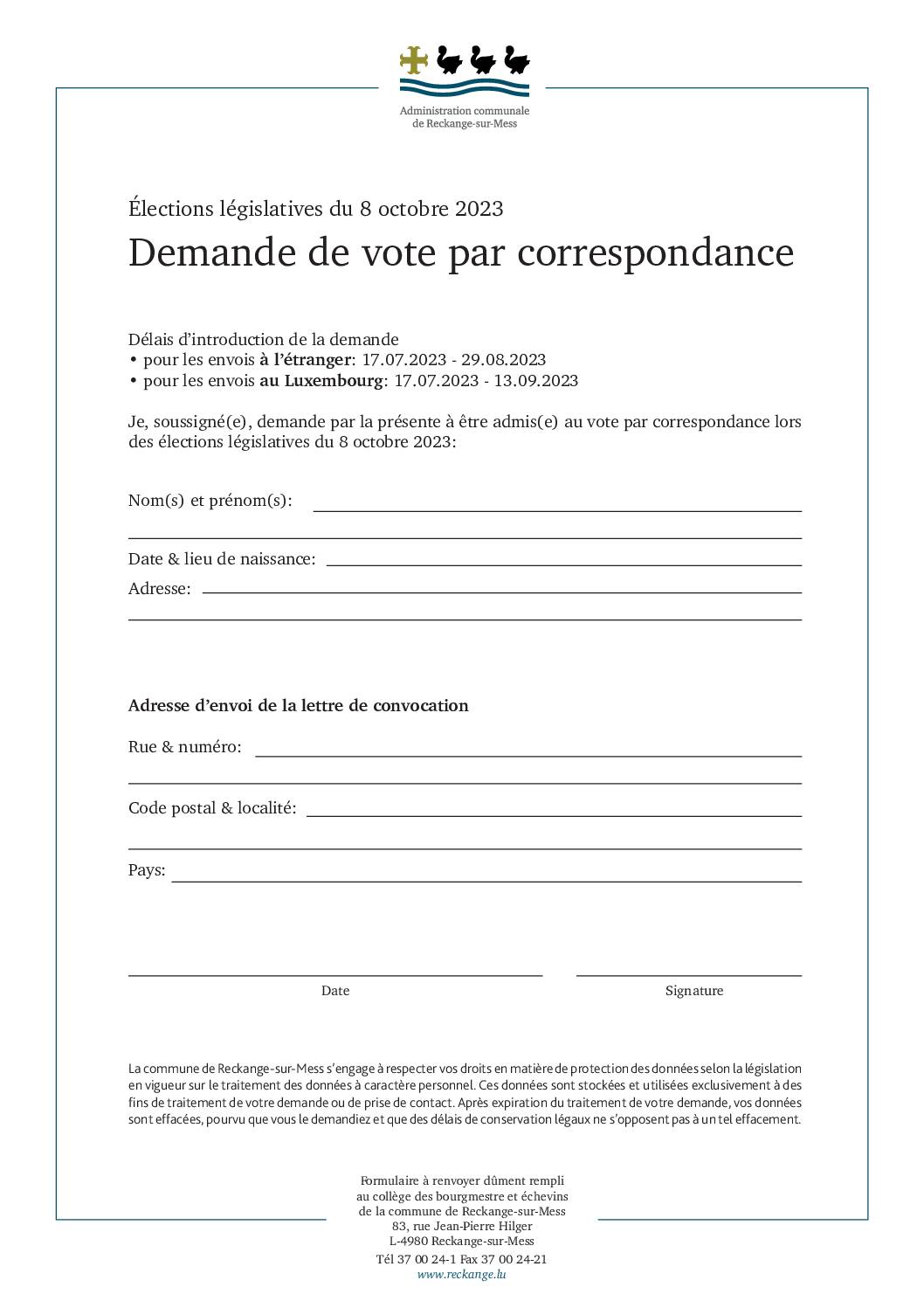 Formulaire - Demande de vote par correspondance - élections législatives du 8 octobre 2023