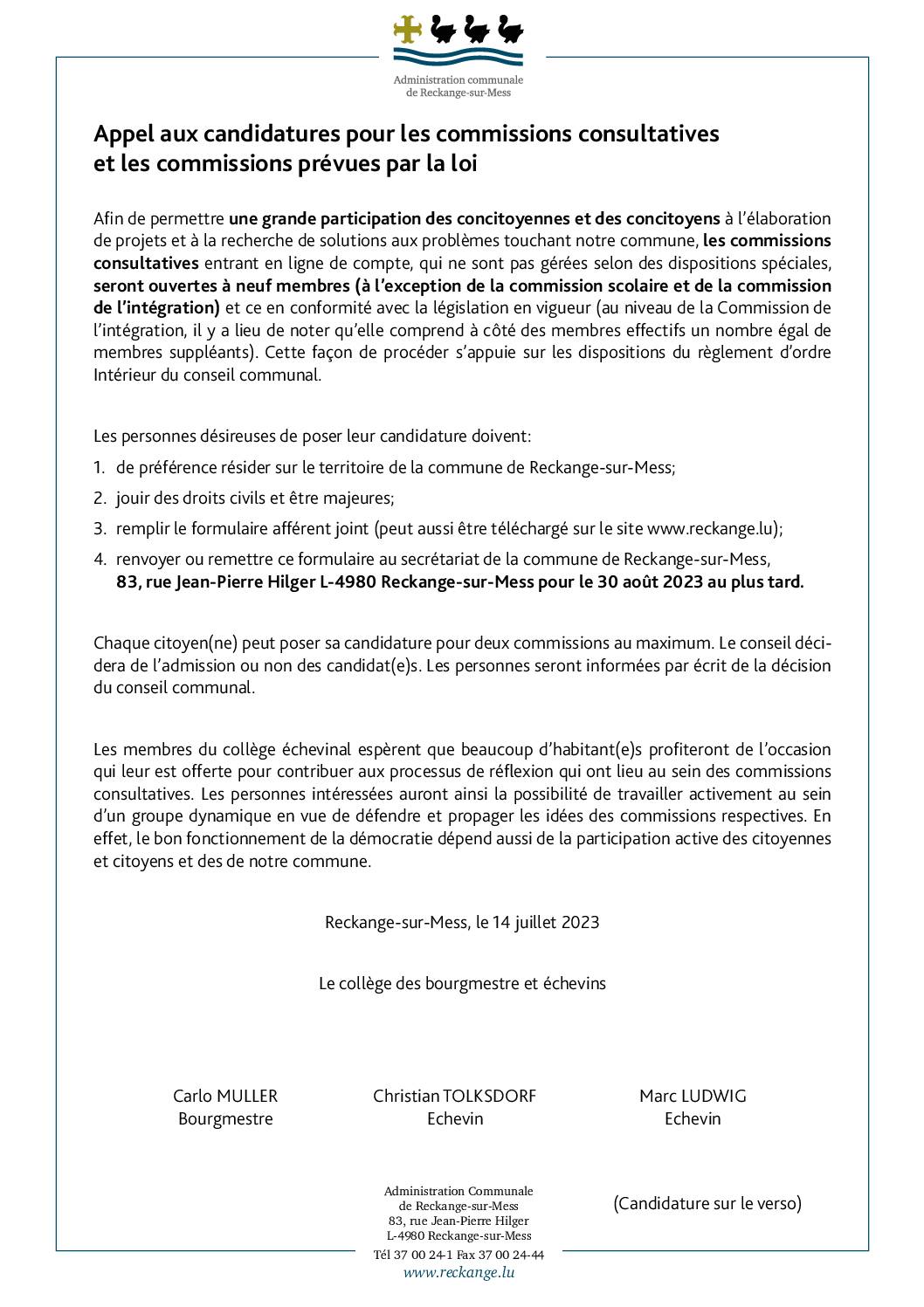 Formulaire - FR - Appel à candidatures - Commissions consultatives