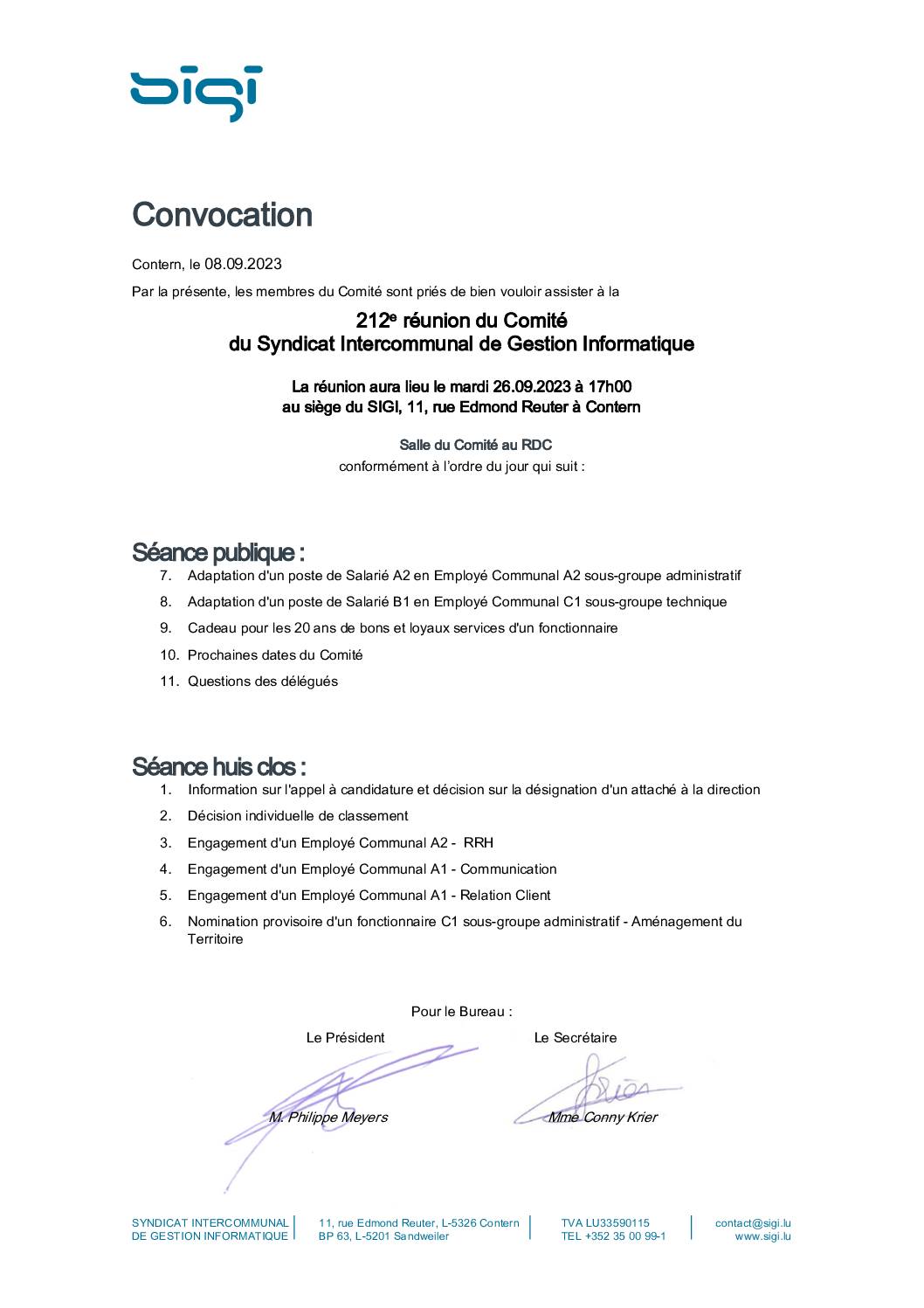 Convocation – Séance du Comité SIGI – 26.09.2023