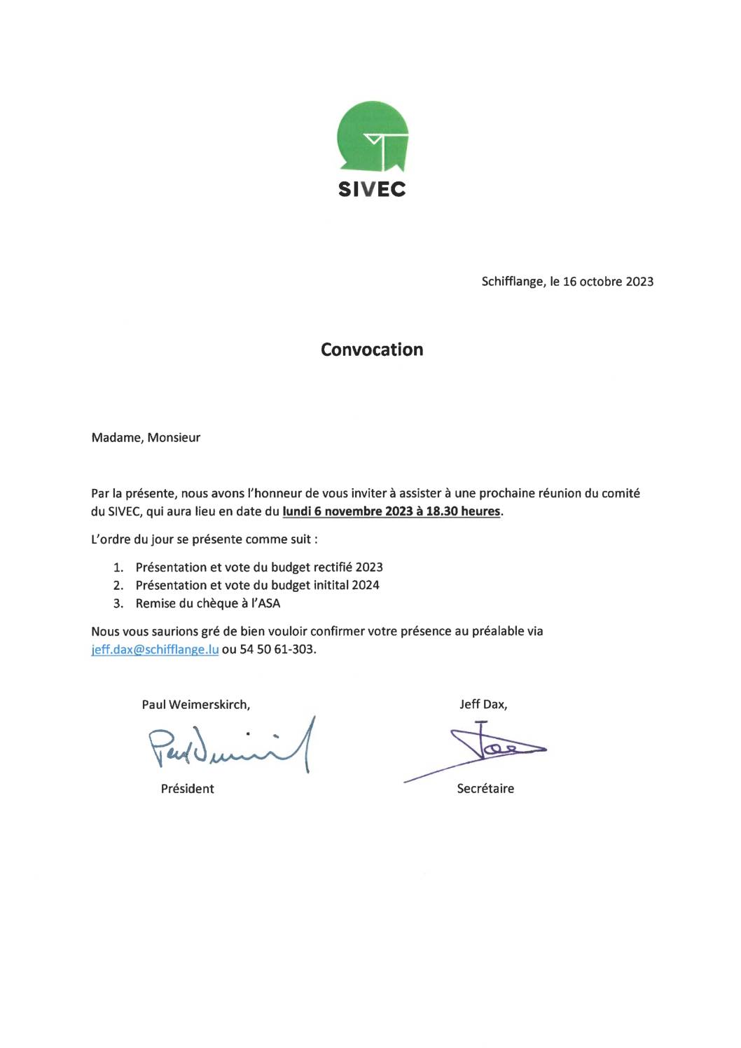 Convocation à la réunion du comité SIVEC – 06.11.2023