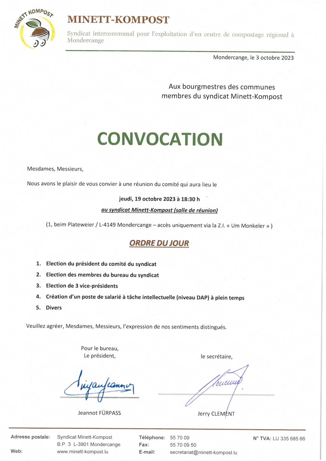 Convocation – réunion du comité Minett-Kompost