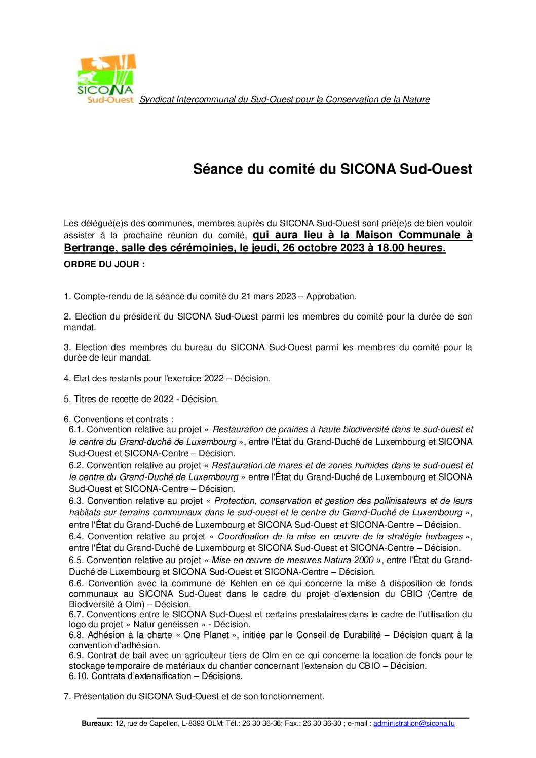 Convocation – réunion du comité du SICONA – 26/10/2023