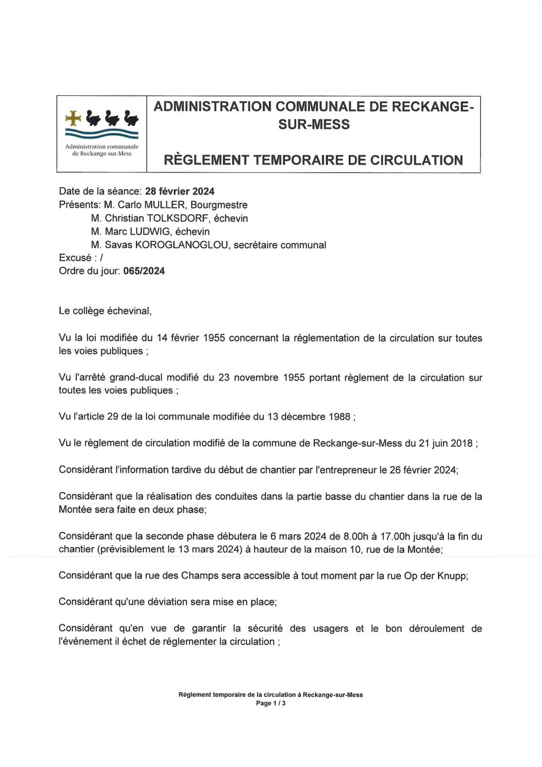 Règlement temporaire de la circulation: rue de la Montée à Reckange-sur-Mess - Phase 2