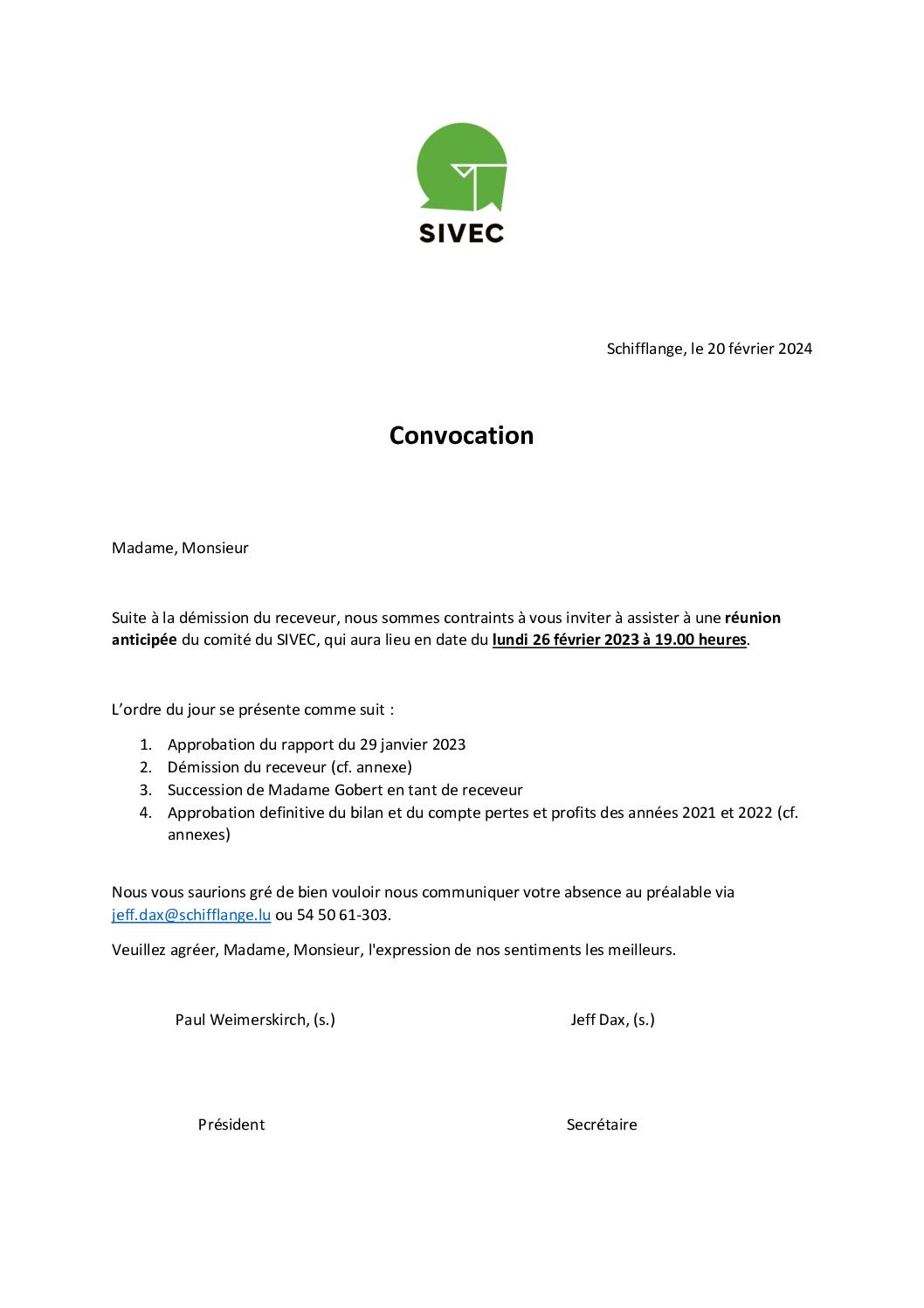 Convocation à la réunion anticipée du comité du SIVEC - 26.02.2024
