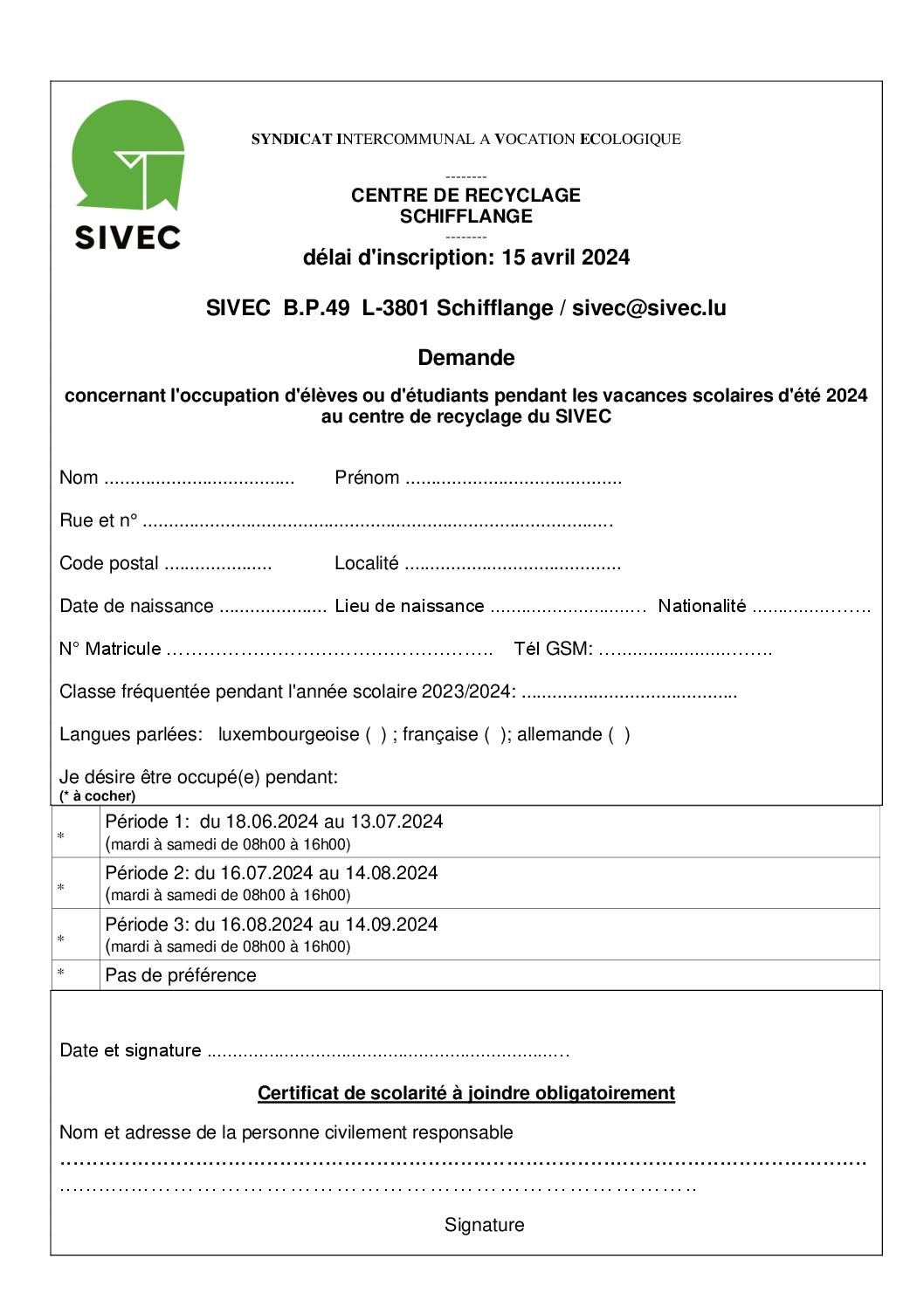 Formulaire - SIVEC - Engagement d'étudiants - Eté 2024
