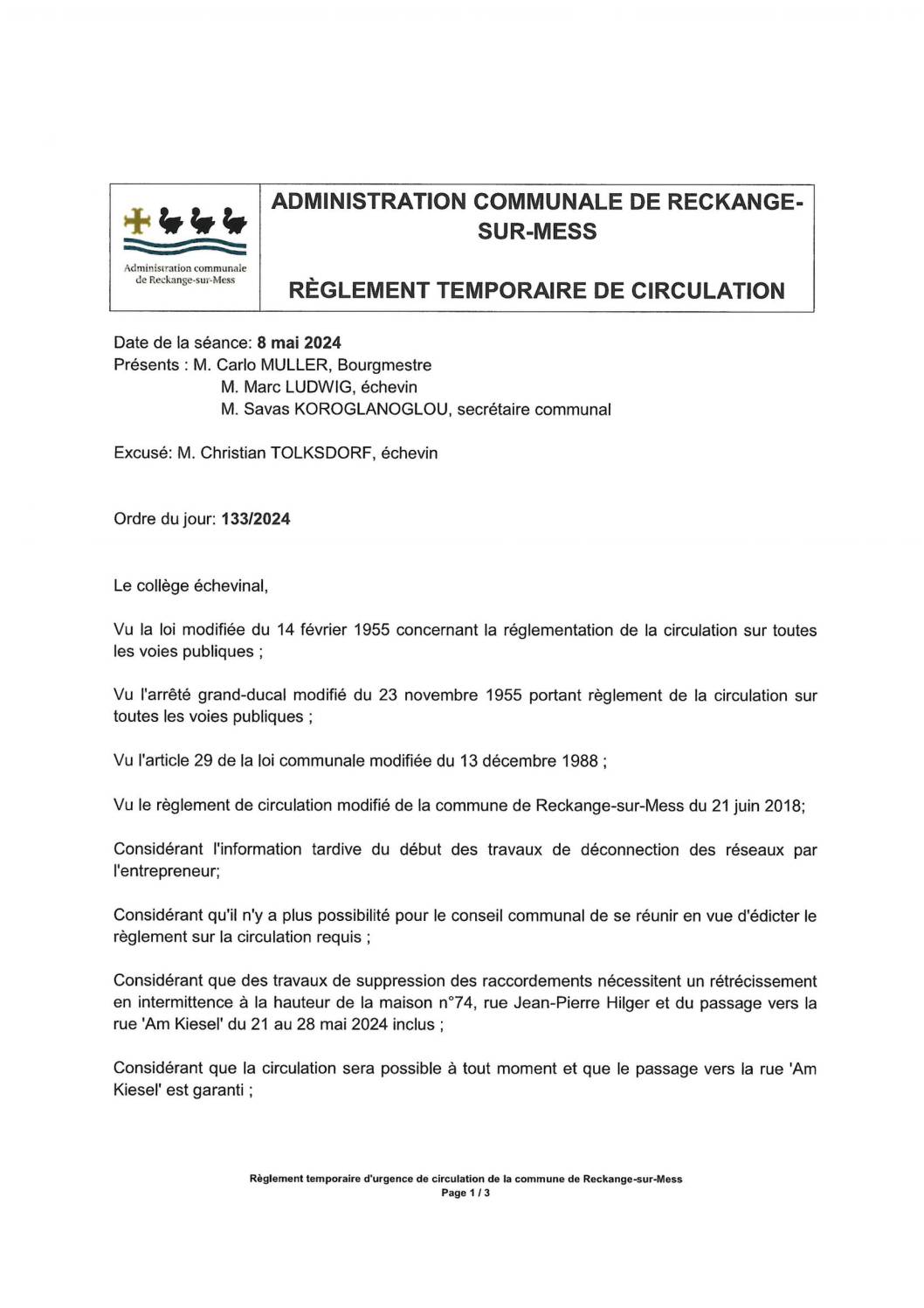 Règlement temporaire de la circulation: rue Jean-Pierre Hilger à Reckange