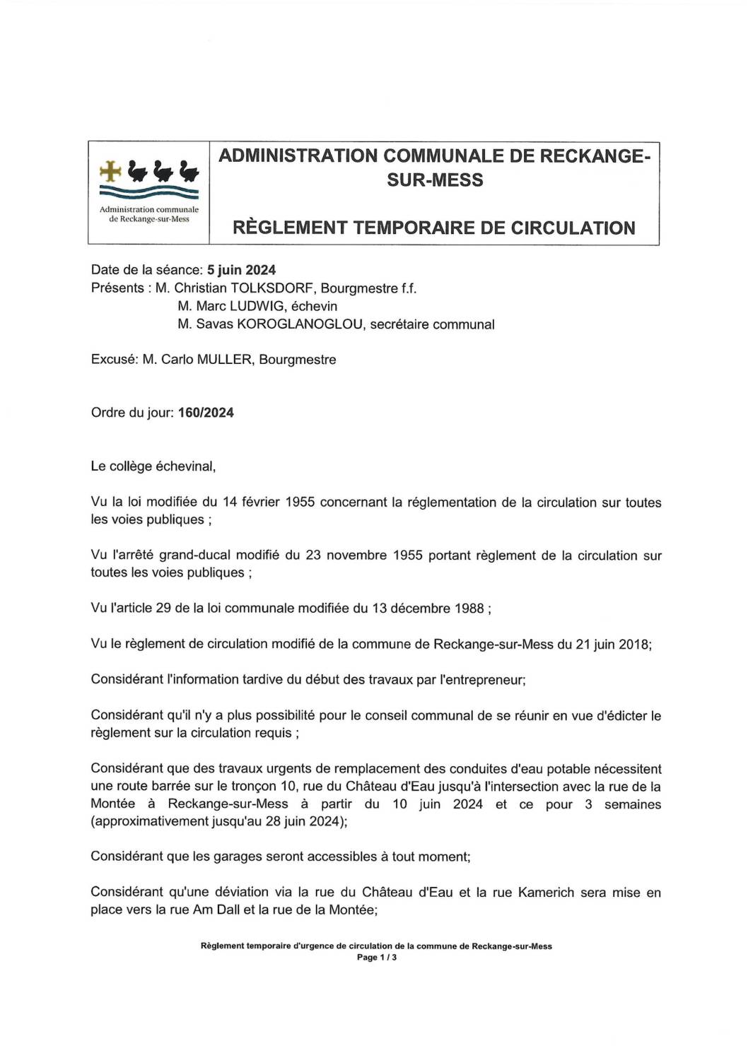 Règlement temporaire de la circulation: rue du Château d’Eau à Reckange-sur-Mess