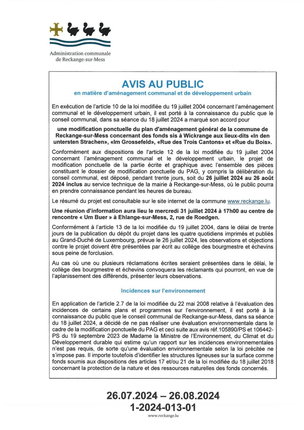 AVIS AU PUBLIC – MoPo 194 PAG « CIPA » à Wickrange & dispense SUP