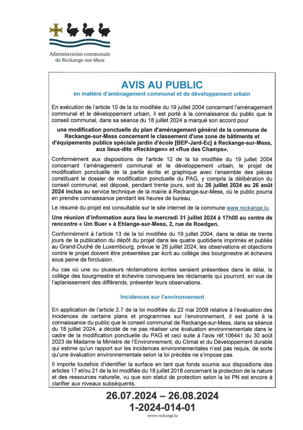 AVIS AU PUBLIC – MoPo 195 PAG « BEP-Jard-Ec » à Reckange-sur-Mess & dispense SUP
