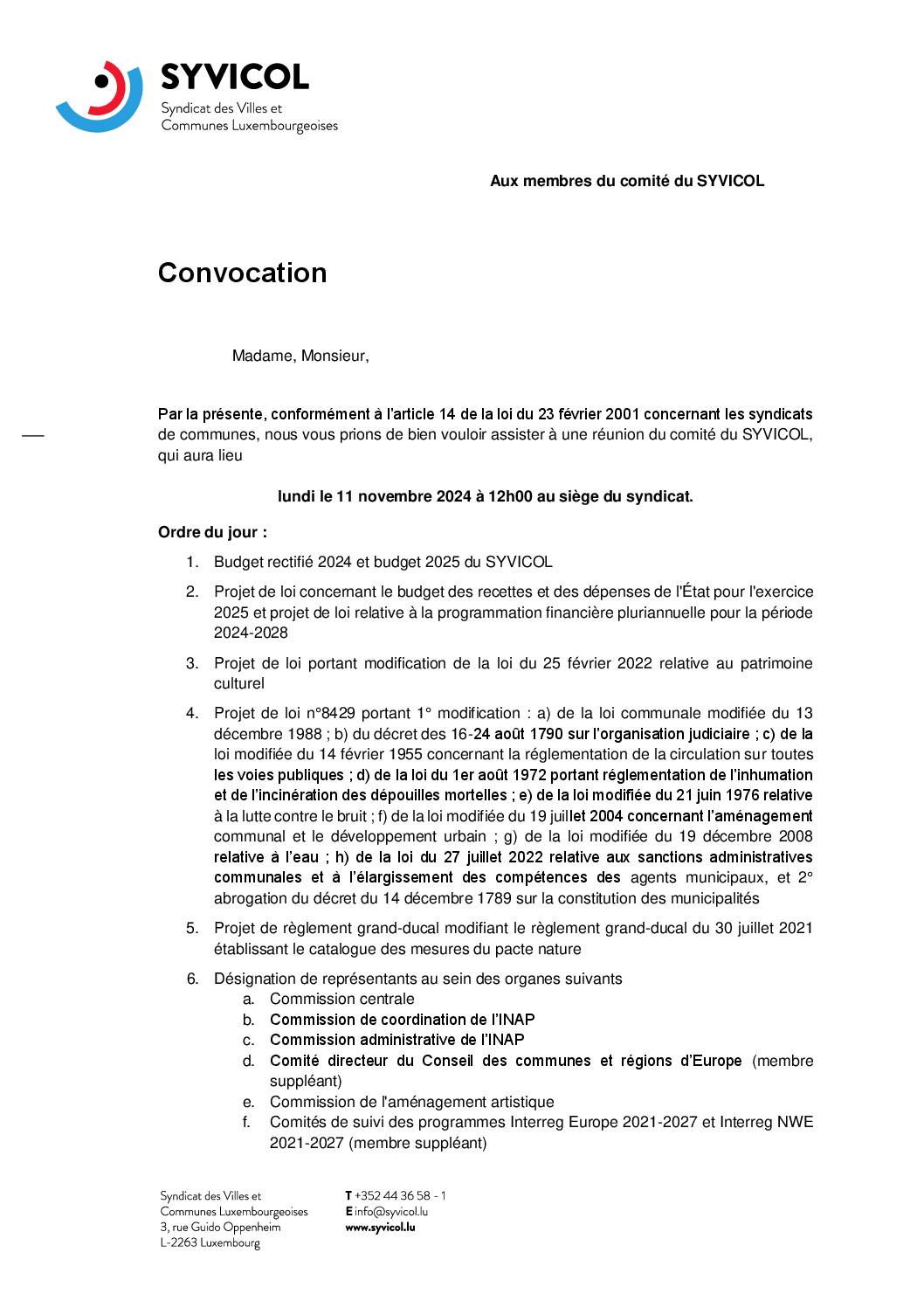 Convocation à la réunion du comité du SYVICOL – 11.11.2024