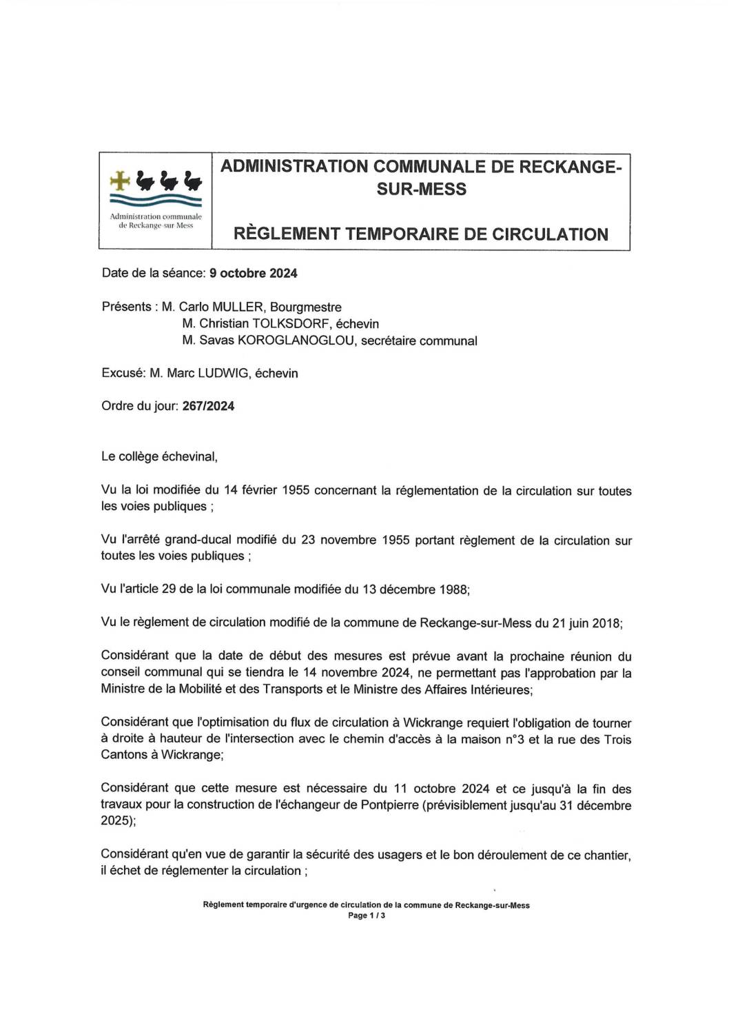 Règlement temporaire de la circulation: chemin d’accès vers la rue des Trois Cantons à Wickrange