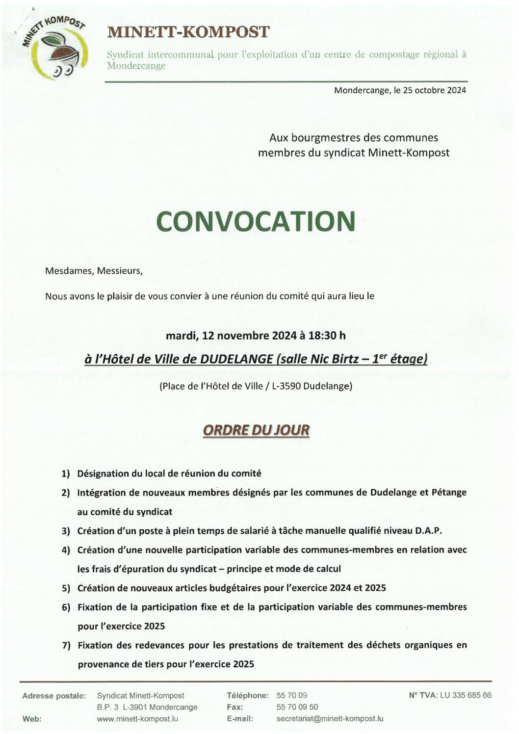 Convocation à la réunion du comité du Minett-Kompost – 12.11.2024