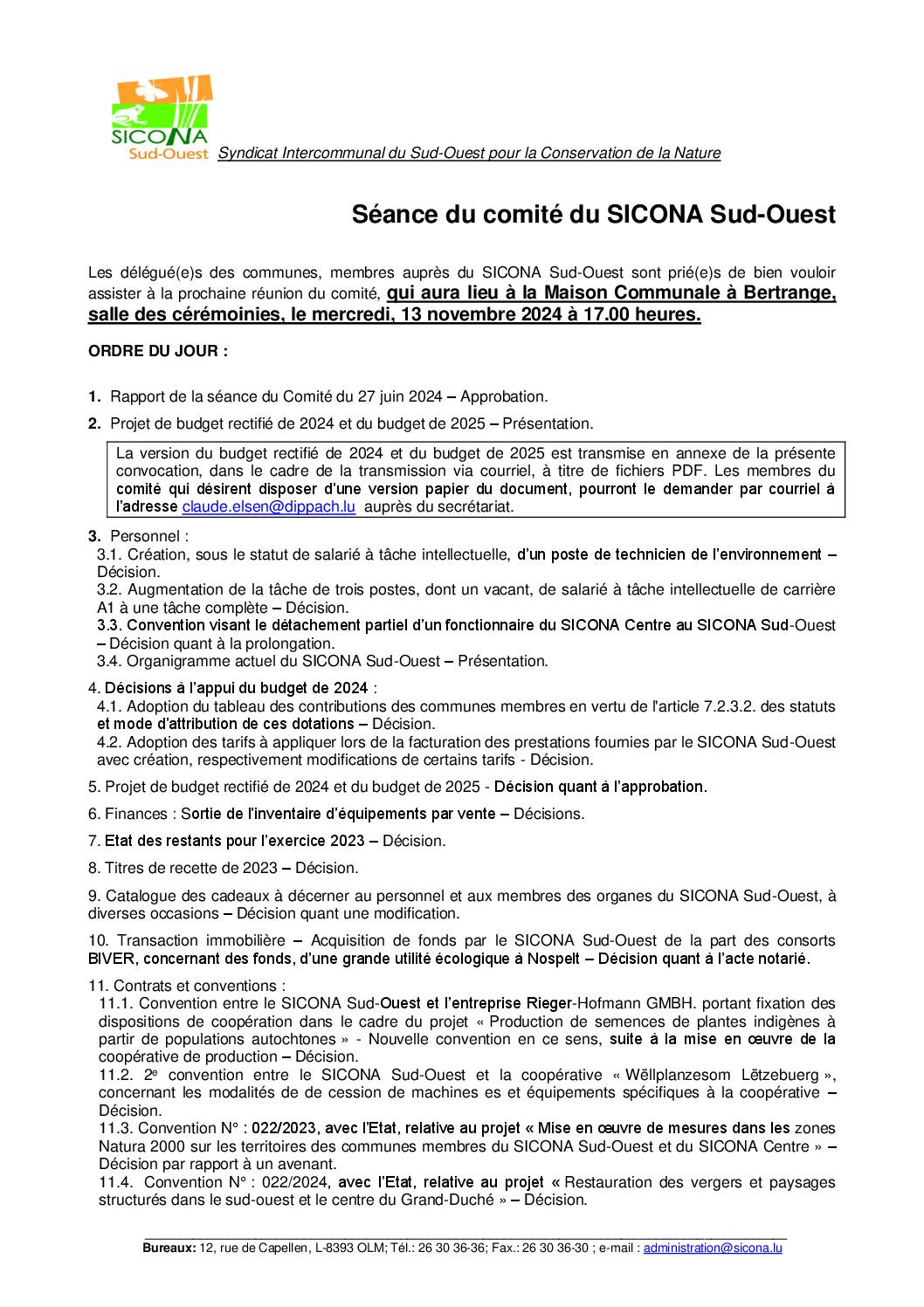 Convocation à la réunion du comité du SICONA Sud-Ouest – 13.11.2024