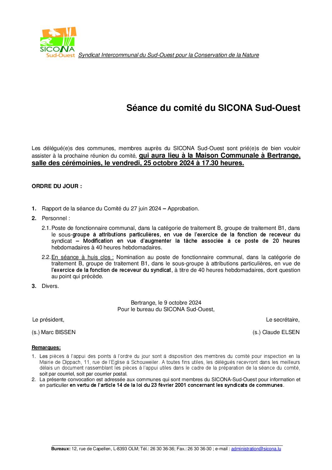 Convocation à la réunion du comité du SICONA Sud-Ouest – 25.10.2024