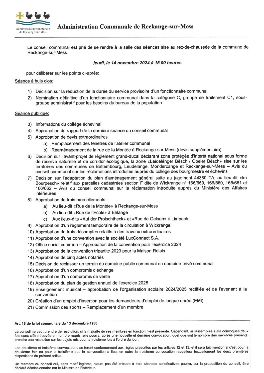 Convocation à la séance du conseil communal du 14 novembre 2024