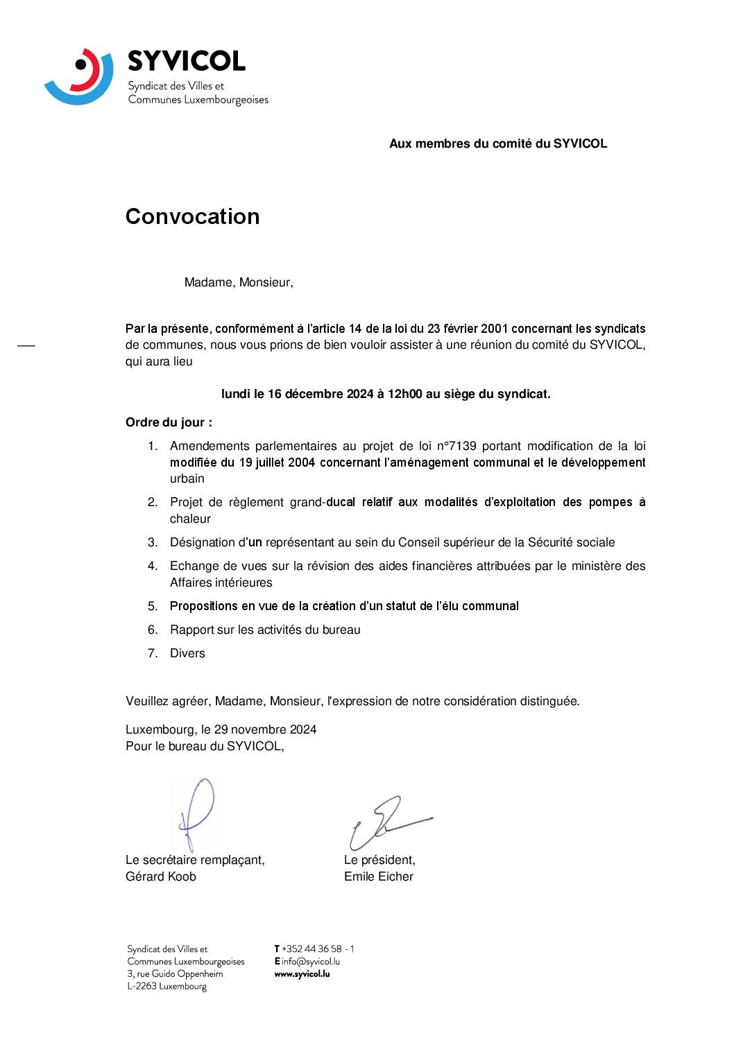 Convocation à la réunion du comité du SYVICOL – 16.12.2024