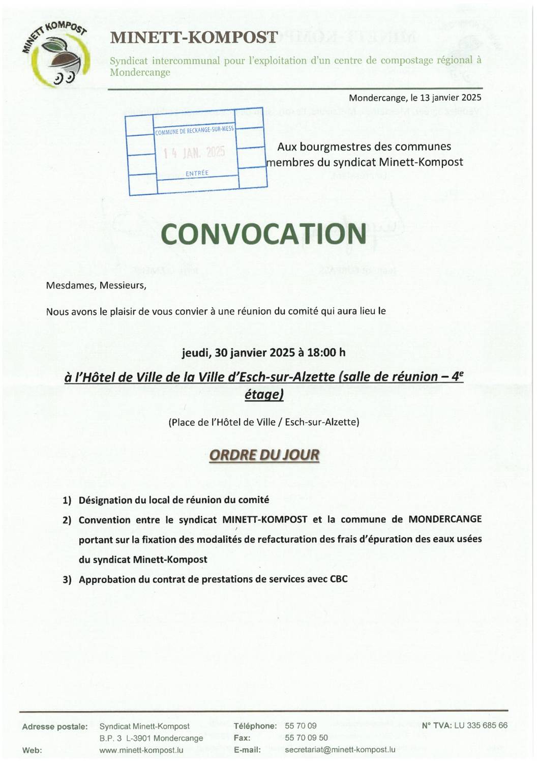 Convocation à la réunion du comité du Minett-Kompost – 30.01.2025