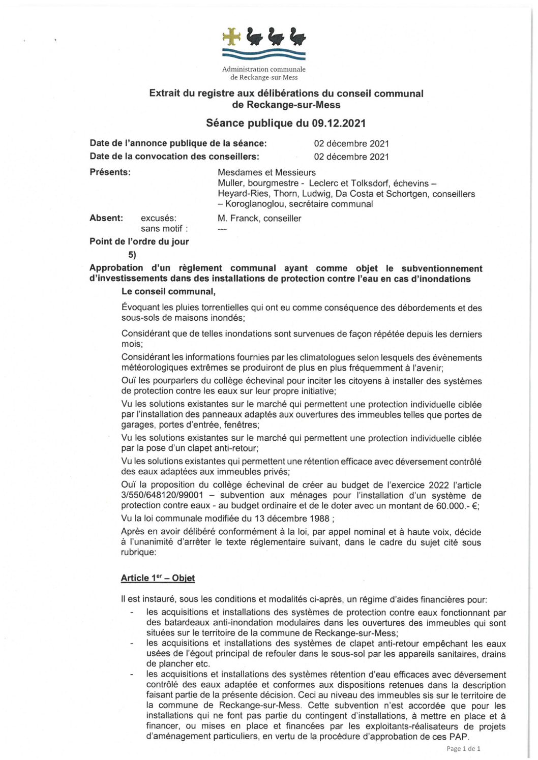 RC - Modification 2024 - Subventionnement des installations de protection contre l'eau en cas d'inondations