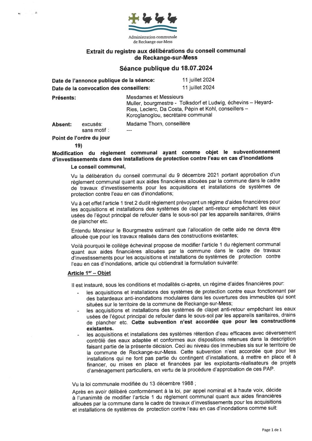 RC - Article 1 - Subventionnement des installations de protection contre l'eau en cas d'inondations