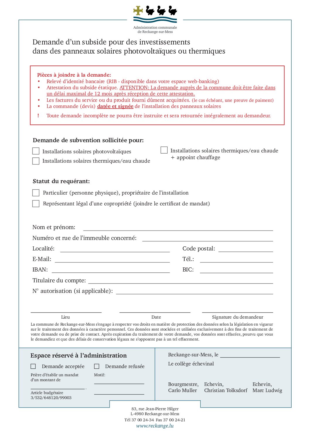 Formulaire - Subvention panneaux solaires photovoltaïques ou thermiques