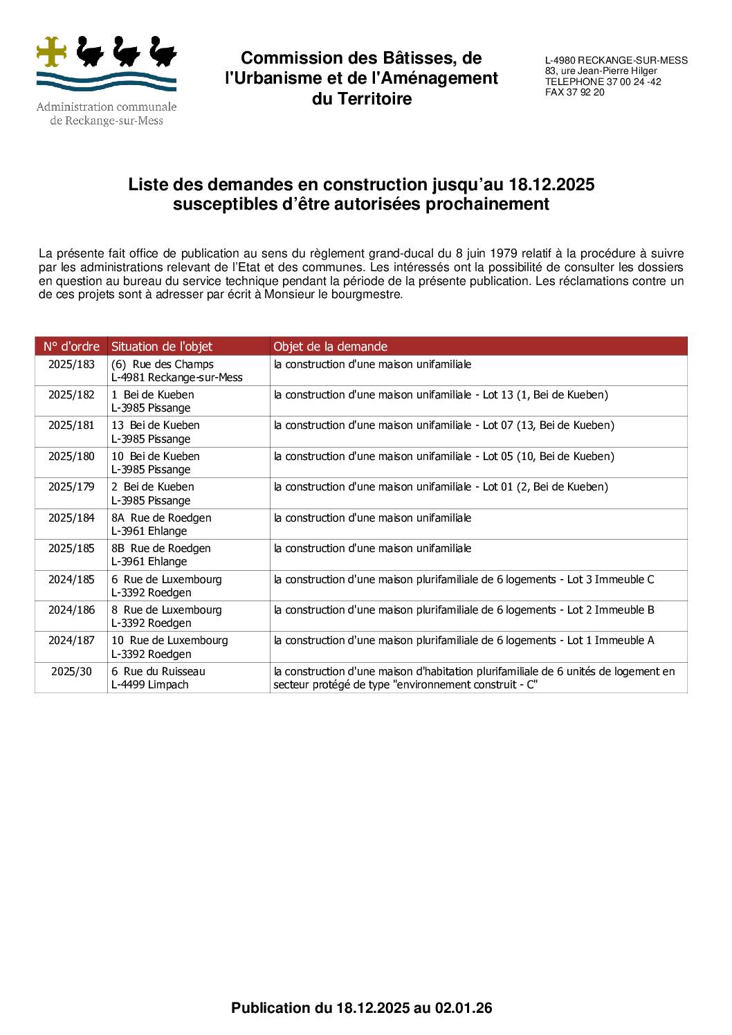 Commission des bâtisses N°05/2025 du 18/12/2025