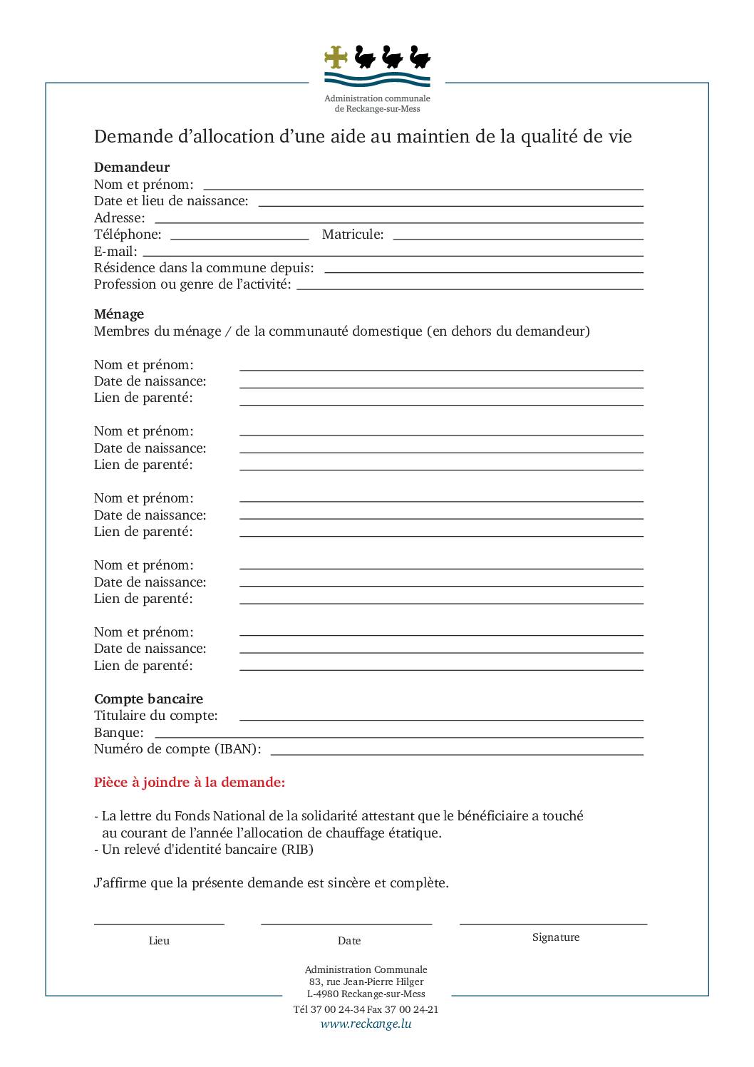 Formulaire - Demande d'allocation d'une aide au maintien de la qualité de vie