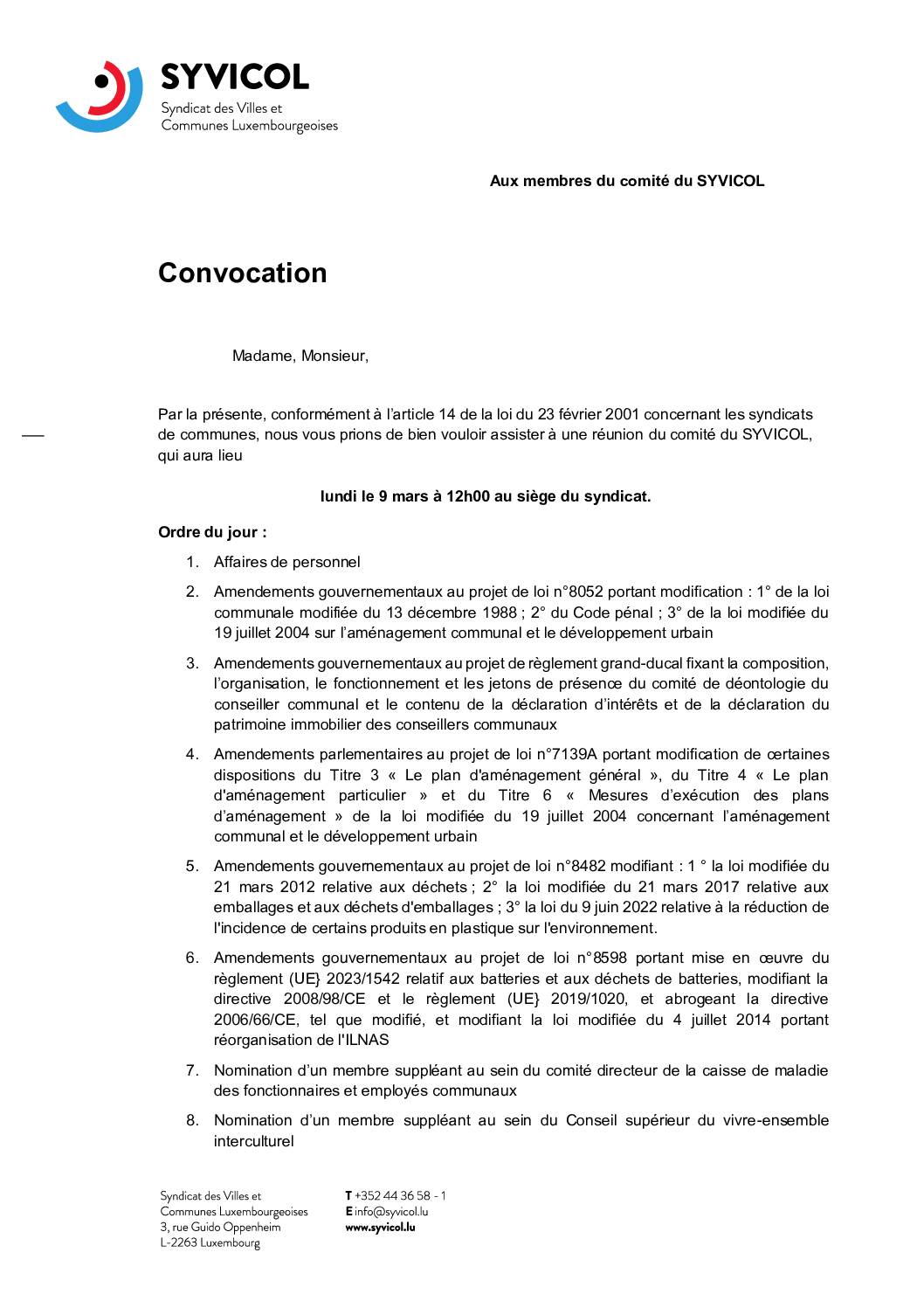 Convocation à la réunion du comité du SYVICOL – 09.03.2026