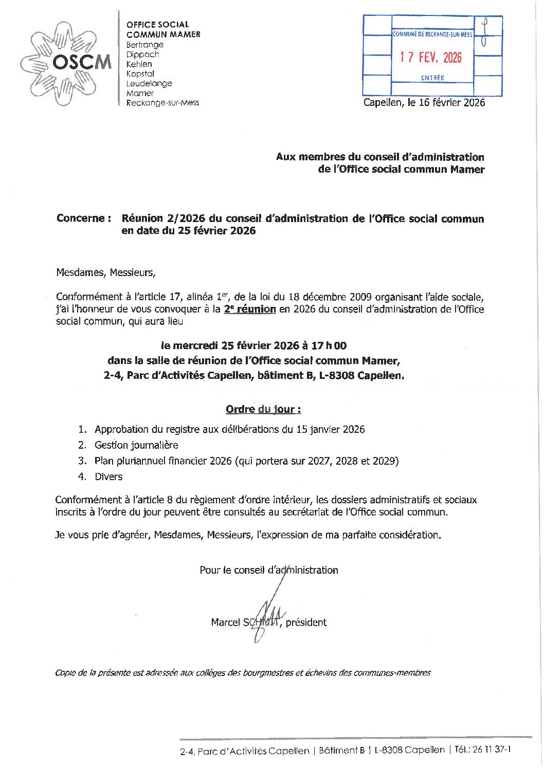 Réunion 2/2026 du conseil d’administration de l’Office social commun – 25.02.2026