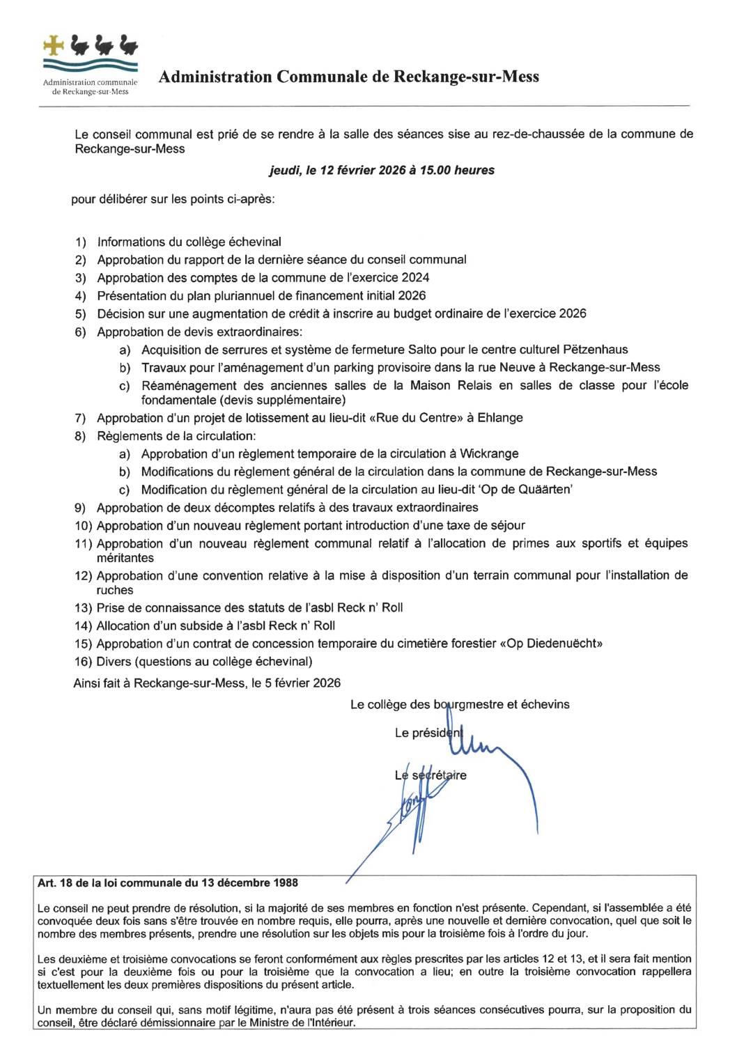 Convocation à la prochaine séance publique du conseil communal – 12.02.2026