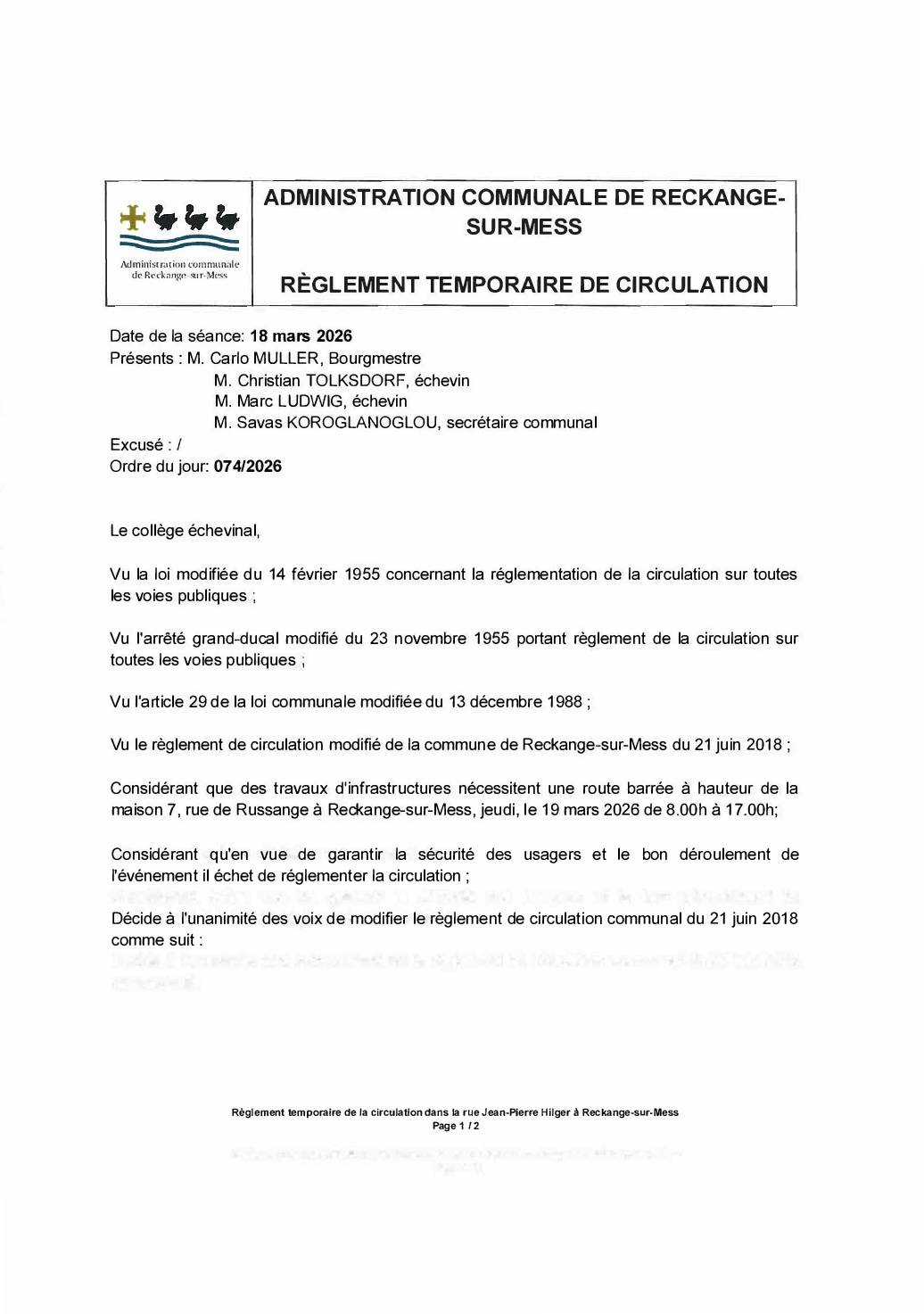 Règlement temporaire de la circulation: rue de Russange à Reckange