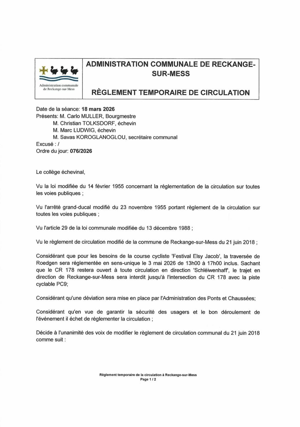 Règlement temporaire de la circulation: Festival Elsy Jacobs à Roedgen