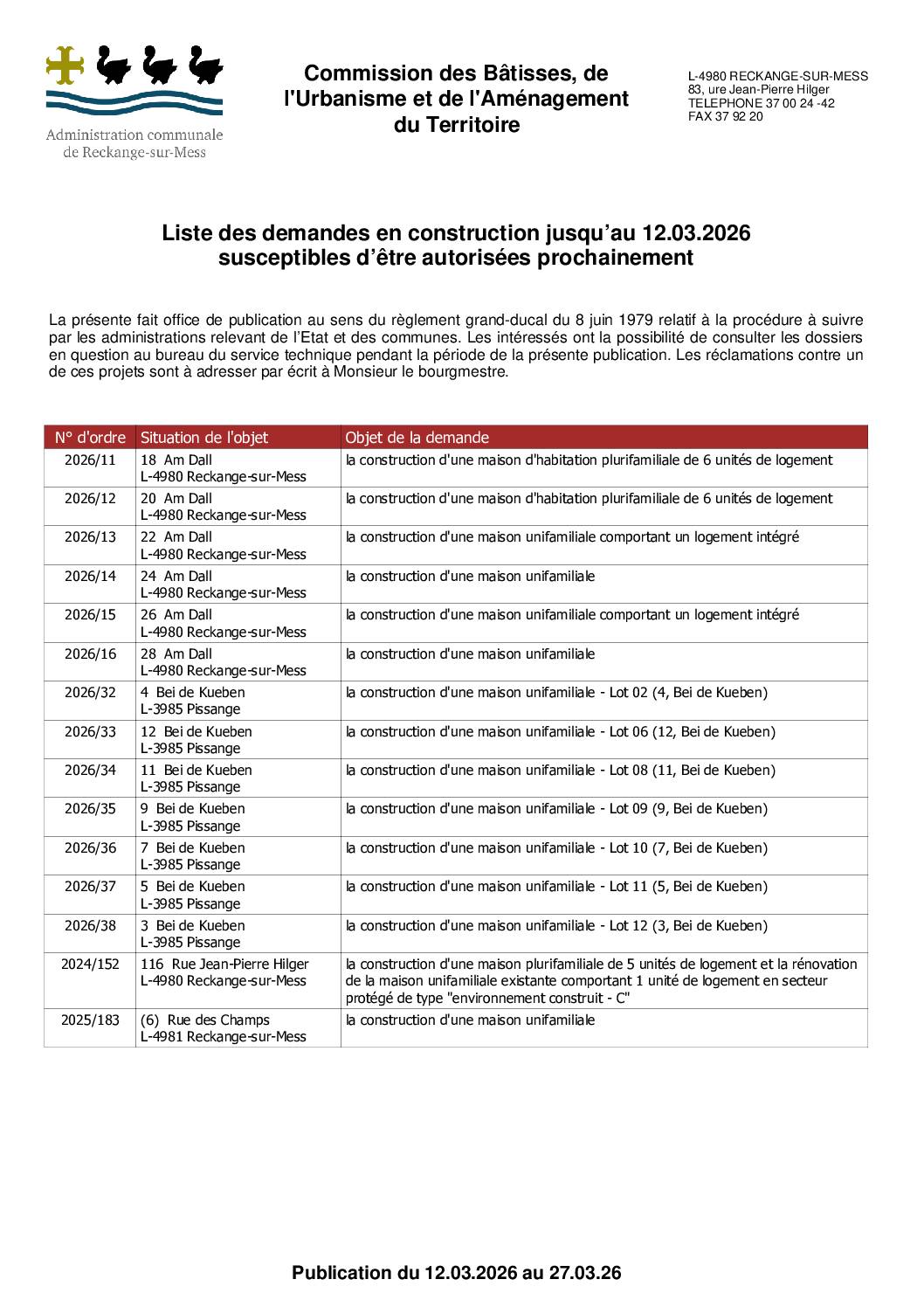 Avis au public - Commission des bâtisses du 12/03/2026