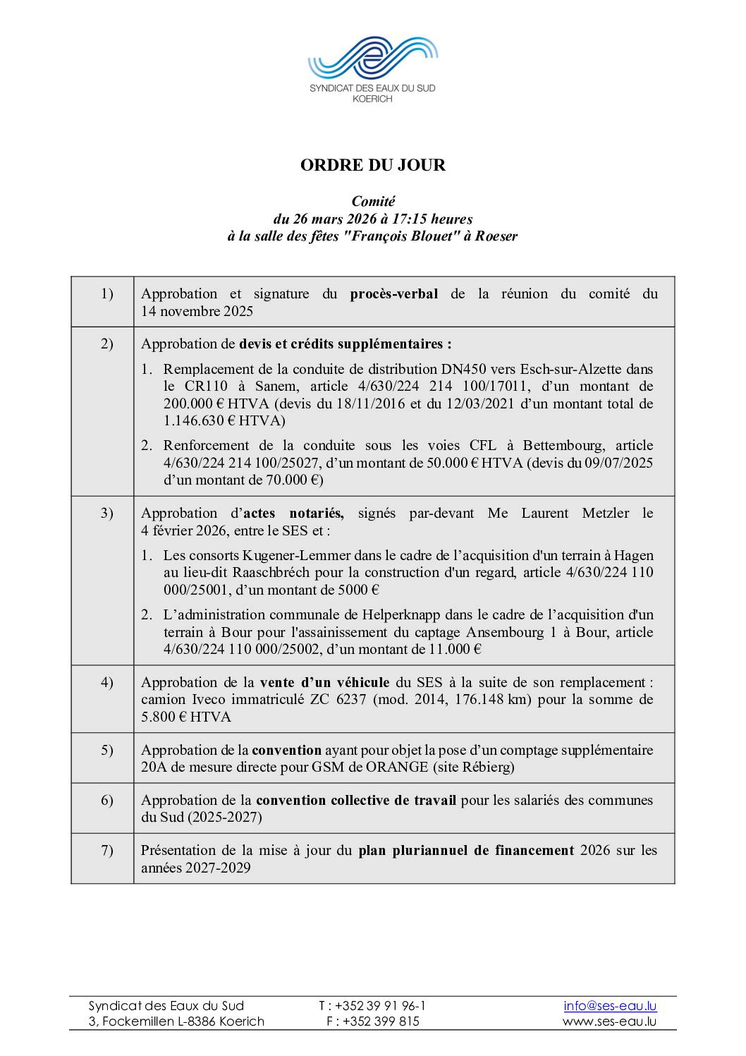 Convocation à la réunion du comité du Syndicat des eaux du Sud - 26.03.2026