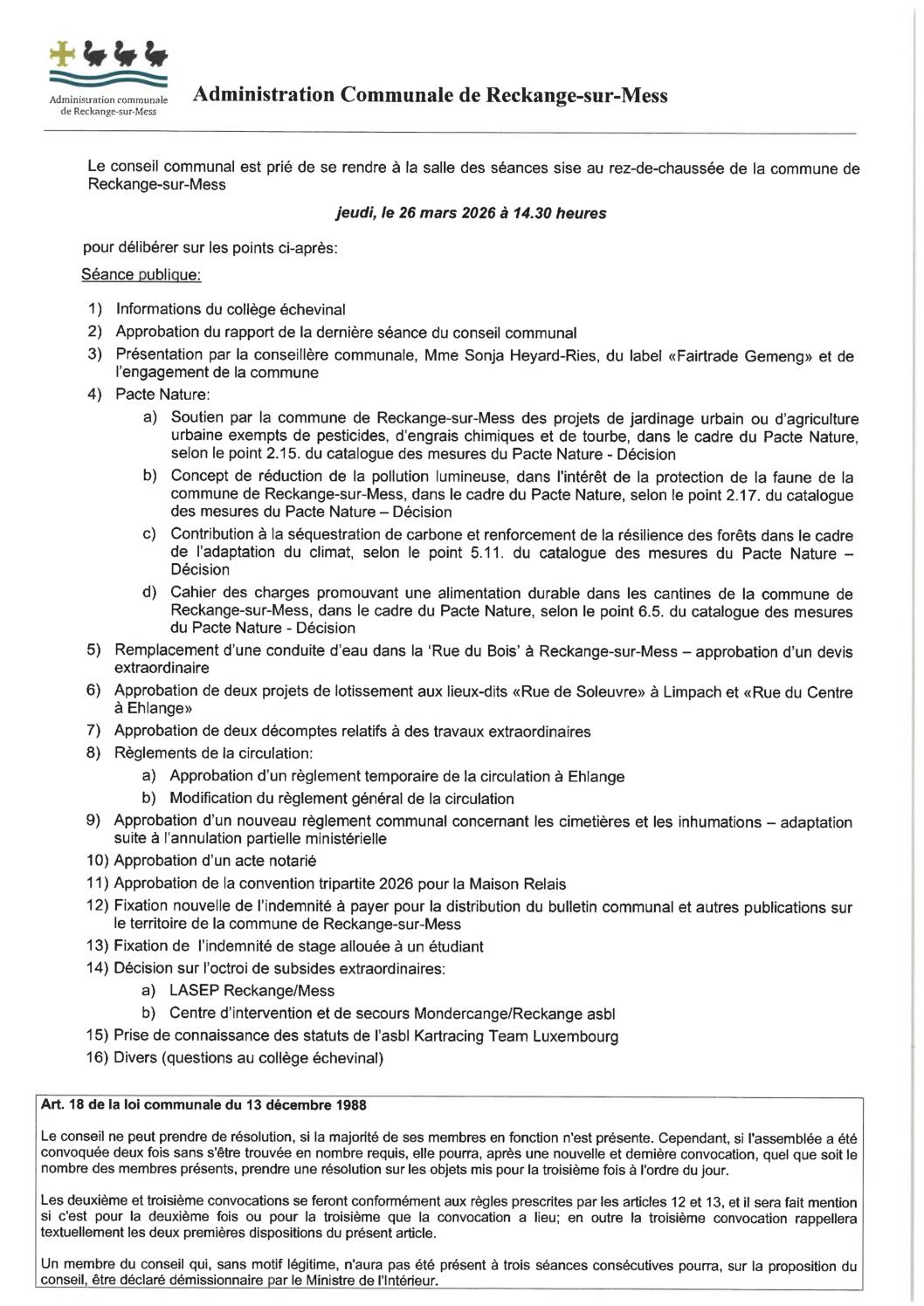 Convocation à la séance publique du conseil communal - 26.03.2026
