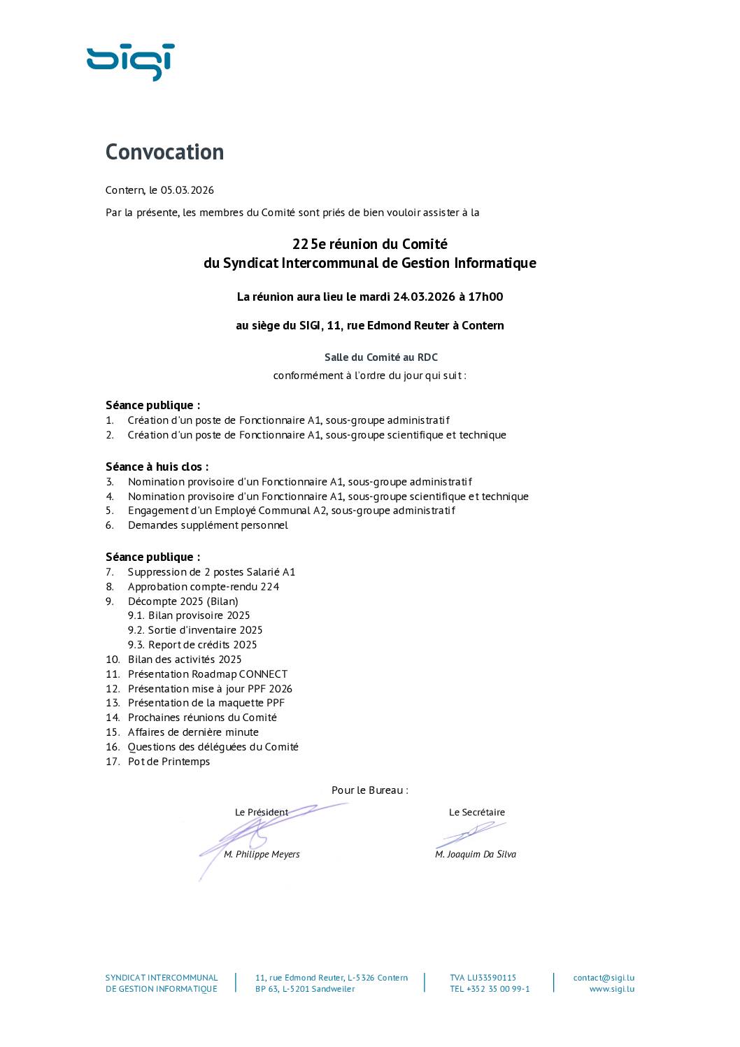 Convocation à la réunion du comité du SIGI - 24 mars 2026