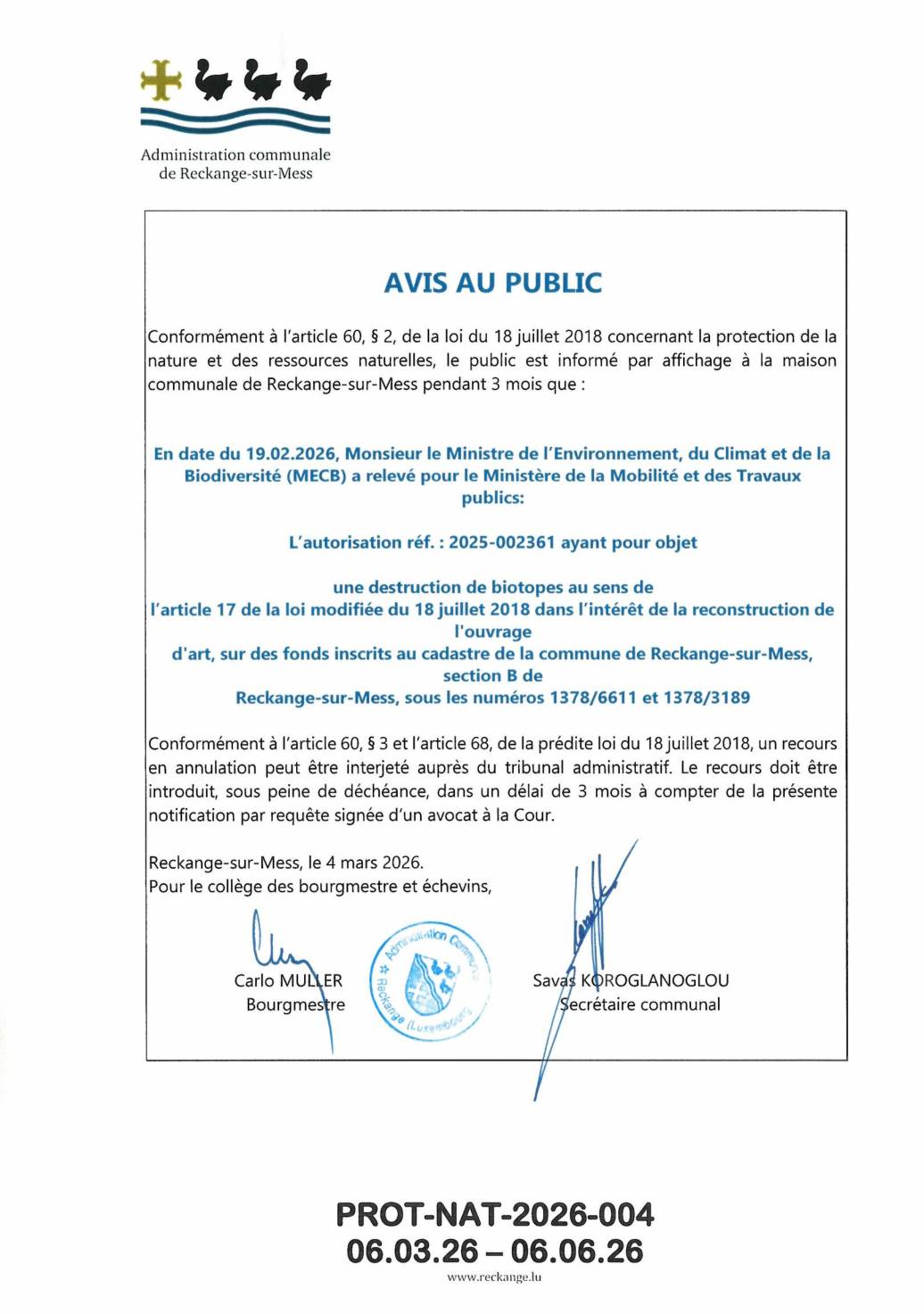 Autorisation: destruction de biotopes section B de Reckange-sur-Mess, sous les numéros 1378/6611 et 1378/3189