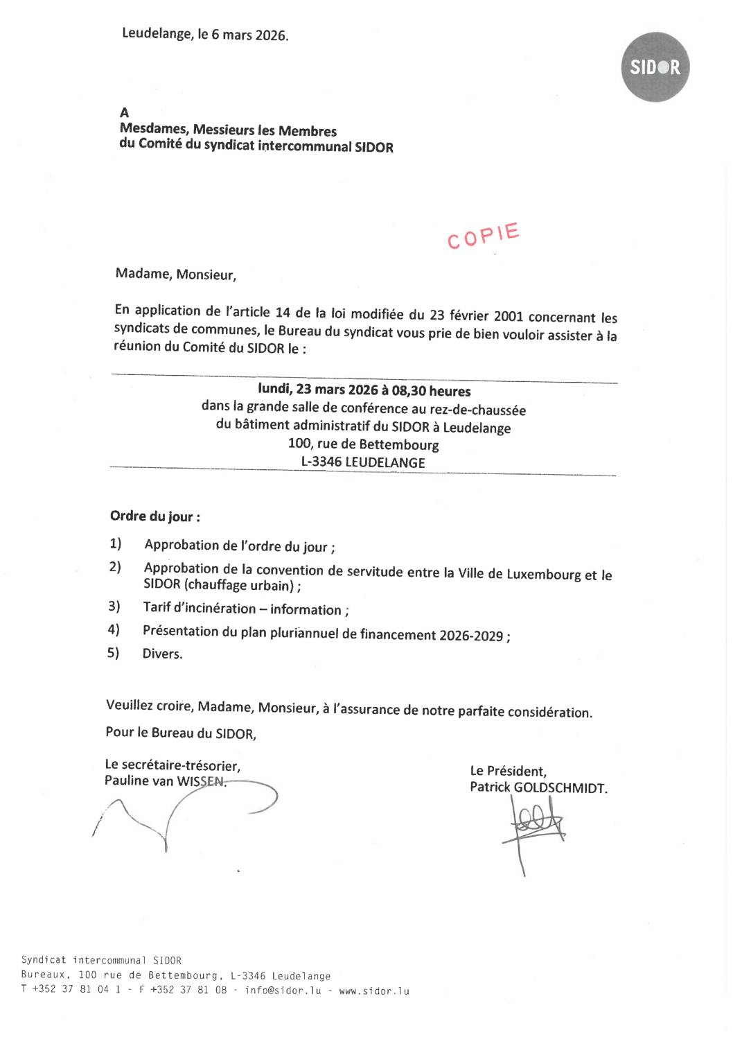 Convocation à la réunion du Comité du SIDOR - 23 mars 2026