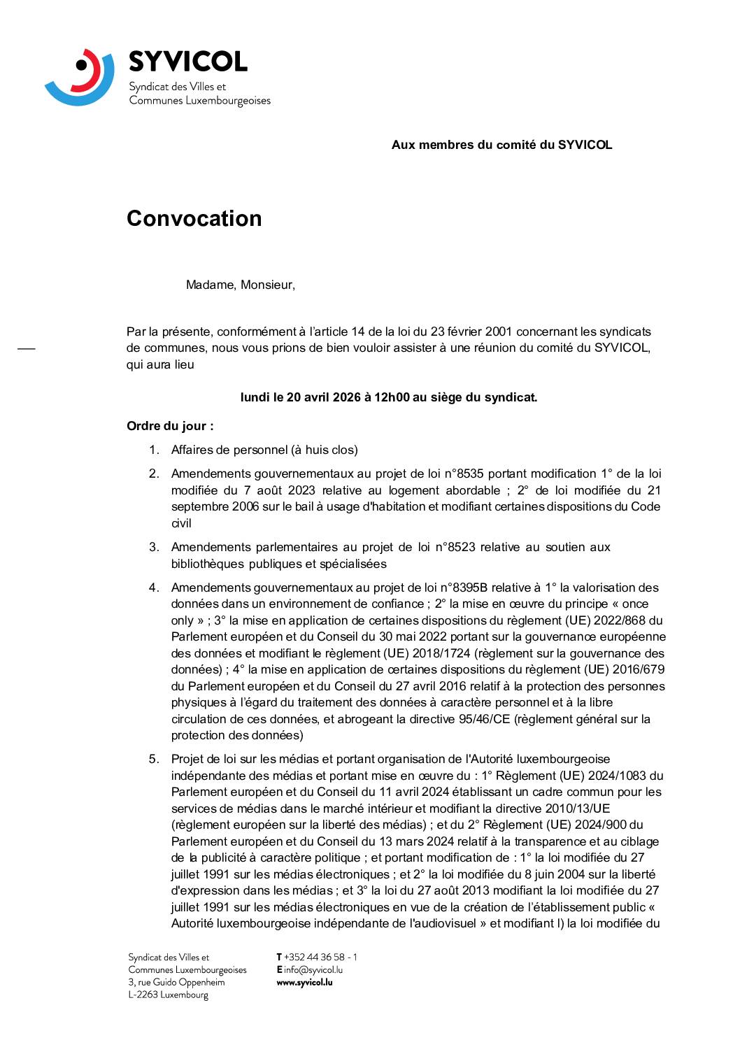 Convocation à la réunion du comité du SYVICOL – 20.04.2026